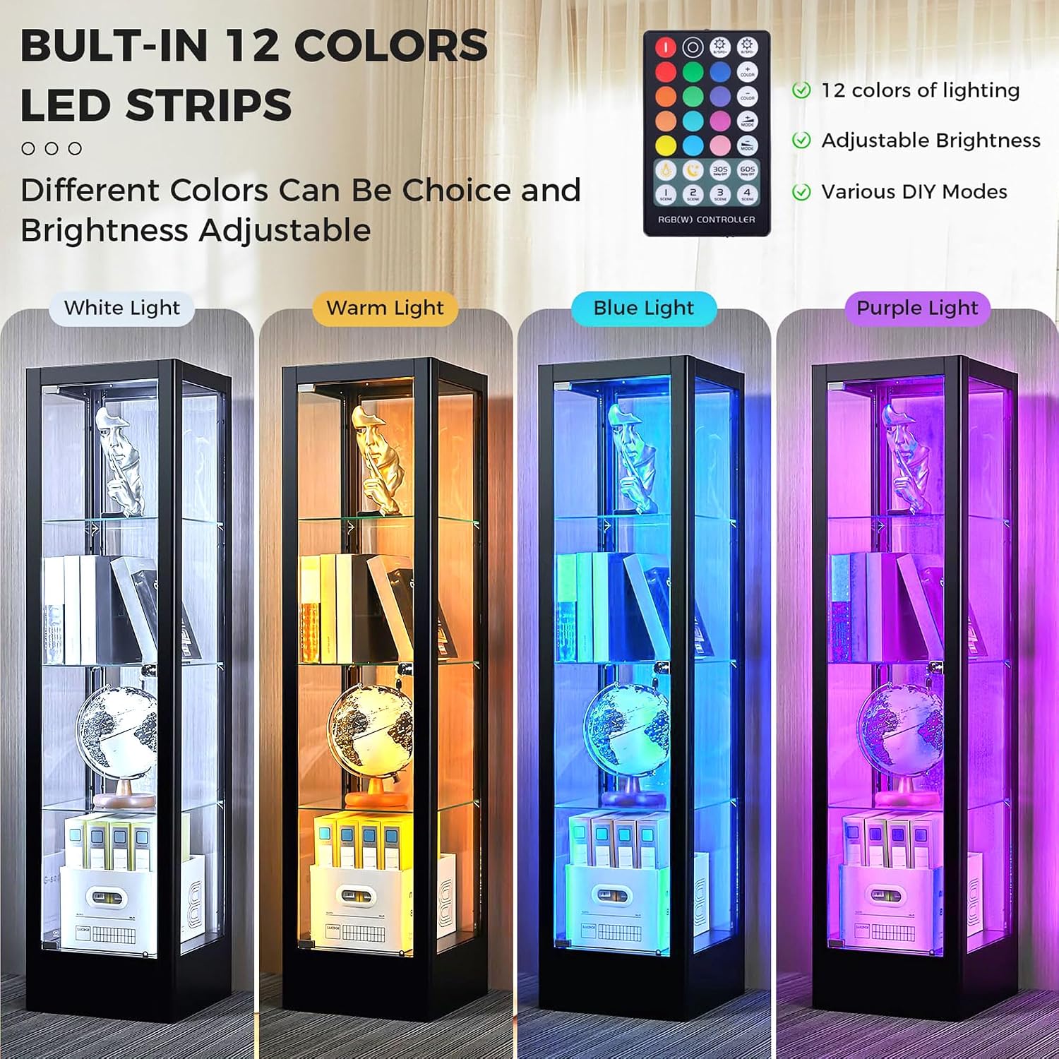 BECHAEO Glass Display Cabinet with 12 Color Lights and Lock, 4-Tier Curio Cabinet with Tempered Glass Door, Adjustable Shelves, 63' Metal Display Case for Collectibles Living Room, Black