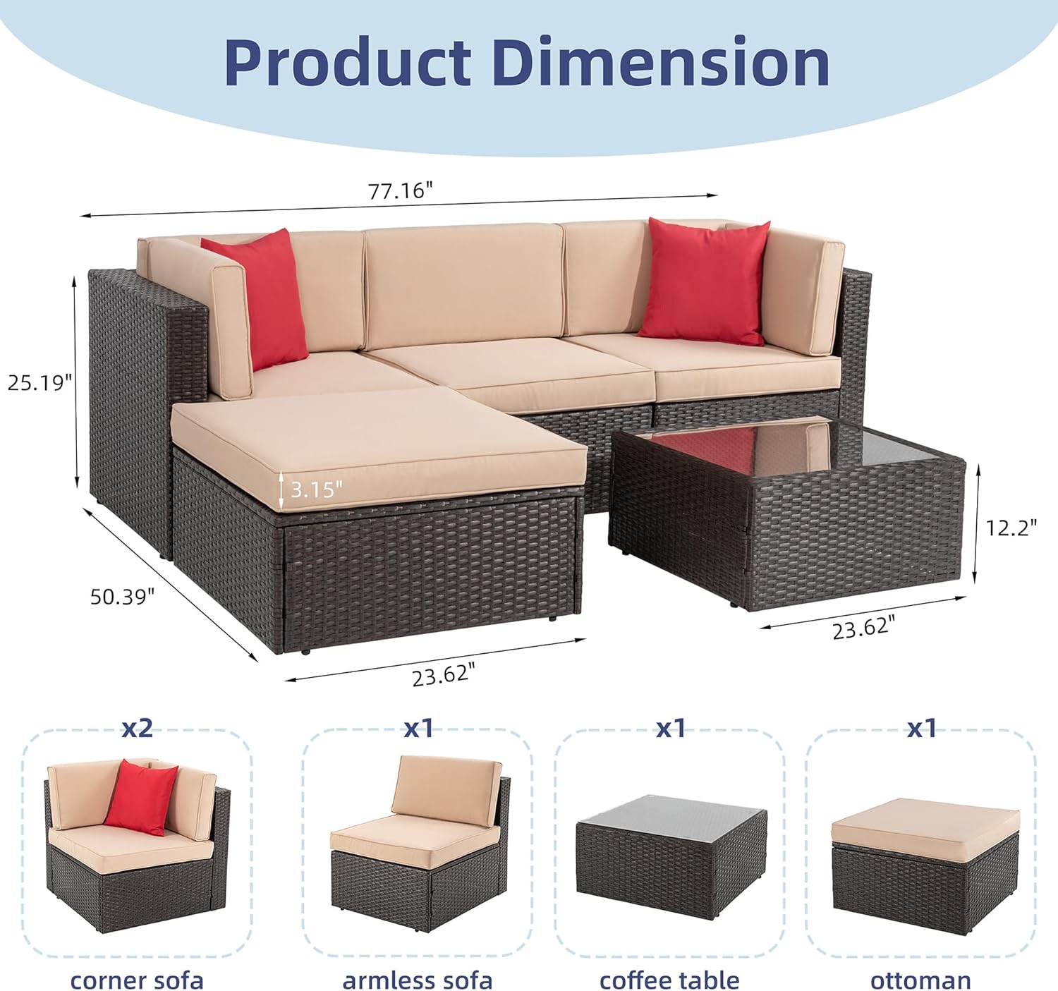 Vongrasig 5 Piece Patio Furniture Sets, Outdoor Patio Set Sectional Sofa, All-Weather PE Rattan Outdoor Couch with Ottoman, Glass Table for Garden, Backyard, Porch, Beige