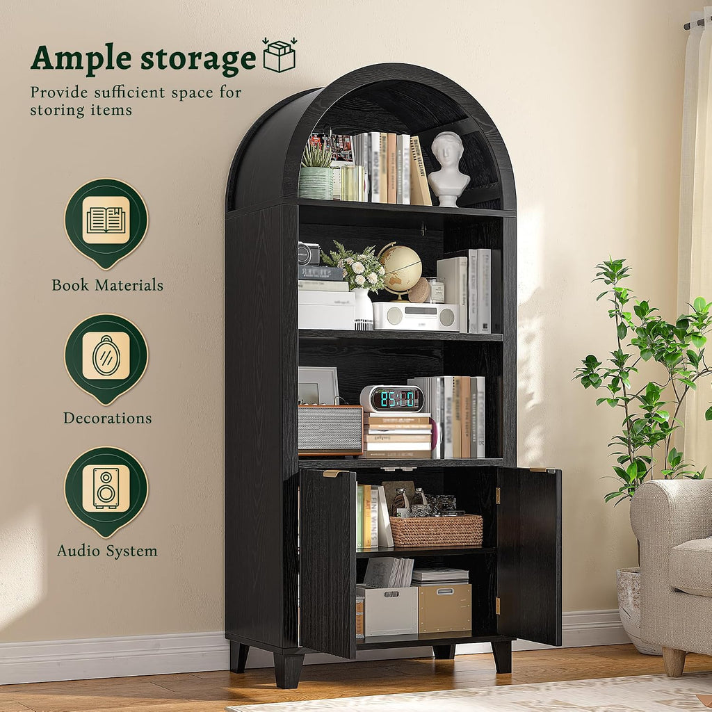 DurayLoly Book Shelf Arched Cabinet, 5-Tier Arched Bookcase with Doors and Adjustable Wood Shelves, Wooden Storage Cabinet with Open Display Shelf for Office,Living Room, Kitchen, Black