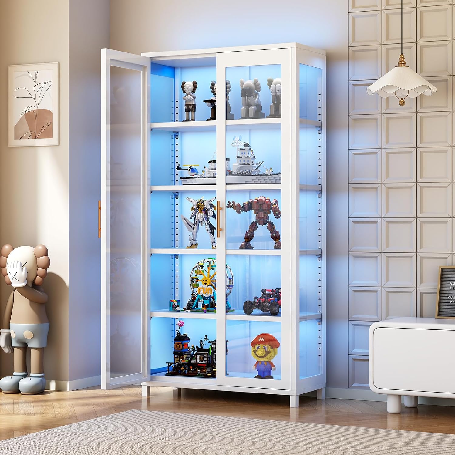 5-Tier Curio Display, Display Cabinet with Glass Door, Collectibles Toy Organizers Rack & Display Case, Bookcase for Bedroom, Office, Toddler's Room