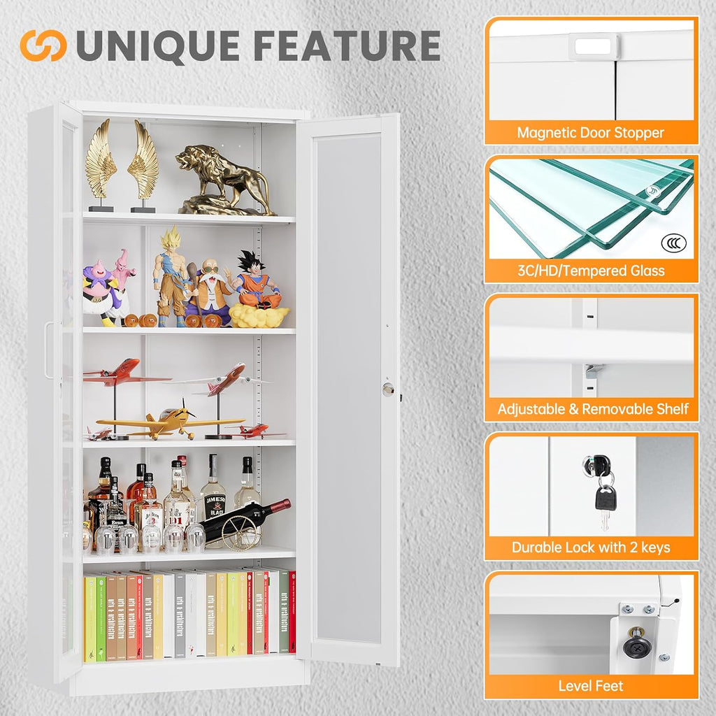 Locking Display Cabinet with Glass Door, 71'H Metal Curio Cabinets with Adjustable Shelves, White Liquor Caninet Display Case for Living Room, Collectibles, Clinic, Home - Assembly Required