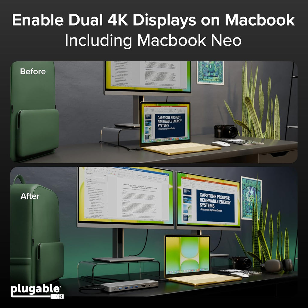 Plugable USB C Laptop Docking Station, Dual Monitor 4K 60Hz for Apple Mac M1/M2/M3/M4/M5,Neo 2X HDMI or DisplayPort for MacBook, 100W Charging DisplayLink Dock, Driver Install Required (UD-6950PDH)