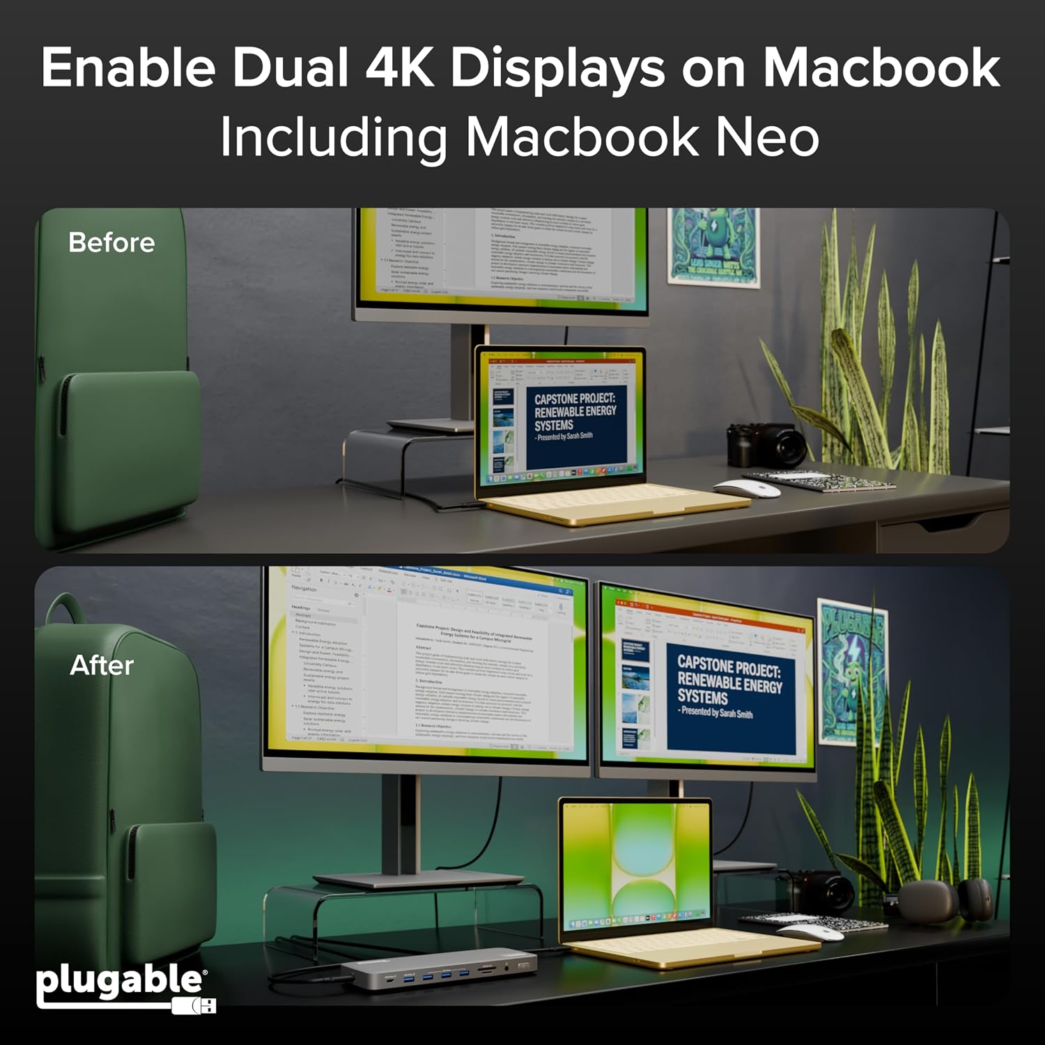 Plugable USB C Laptop Docking Station, Dual Monitor 4K 60Hz for Apple Mac M1/M2/M3/M4/M5,Neo 2X HDMI or DisplayPort for MacBook, 100W Charging DisplayLink Dock, Driver Install Required (UD-6950PDH)