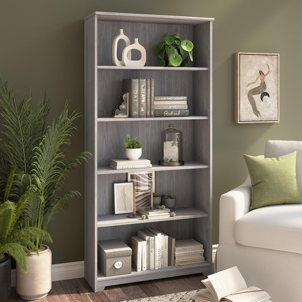 Bush Home Tall 5 Shelf Bookcase, Large Open Bookshelf, Sturdy Display Cabinet for Living Room or Home Office, Cabot Collection, Modern Gray