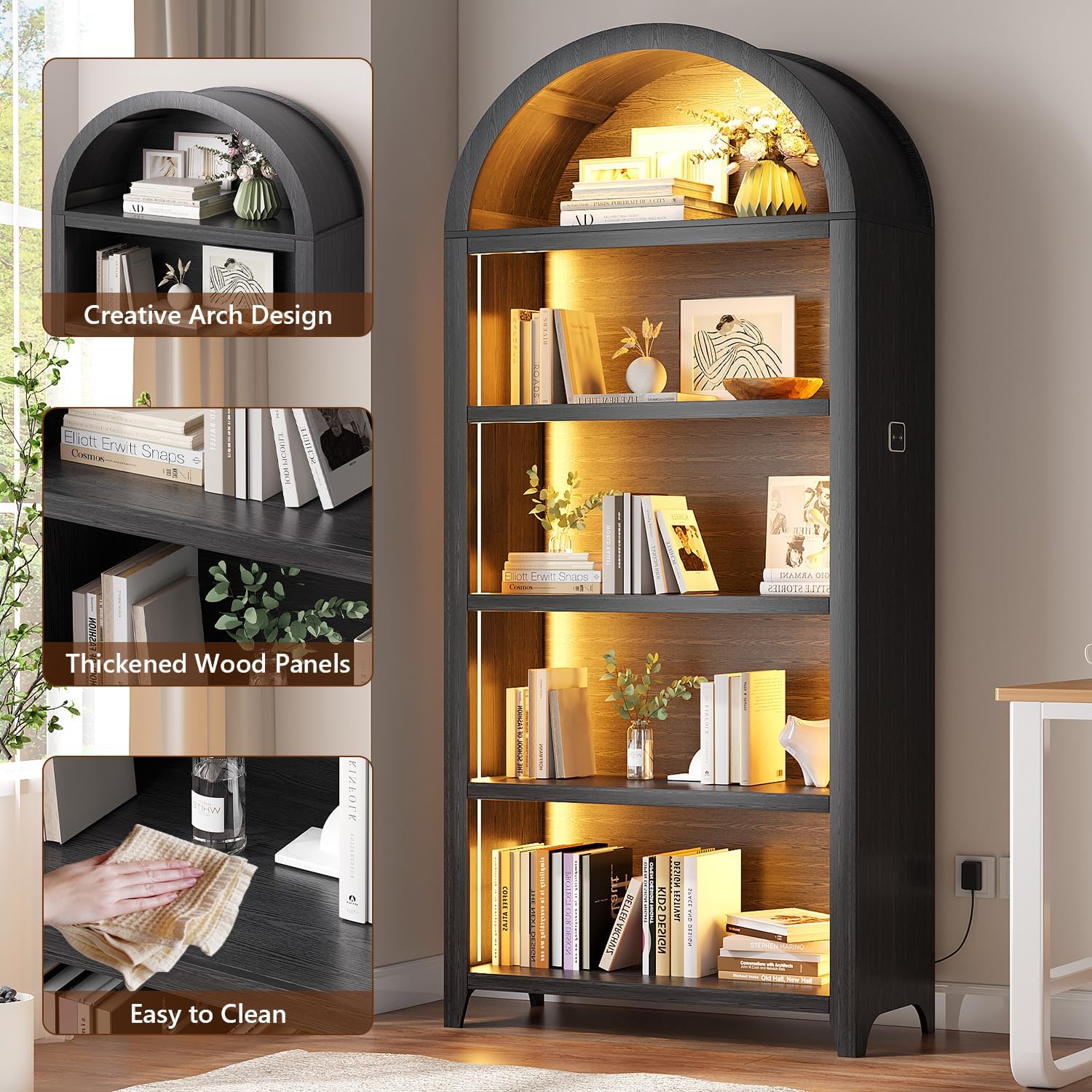 Arch Bookcase - 5 Tiers Bookshelf with 3 Colors LED Sensor Lights and Thickened Wooden Design Display Shelf for Lego Books Bathroom Living Room - Ideal Gift (Black)