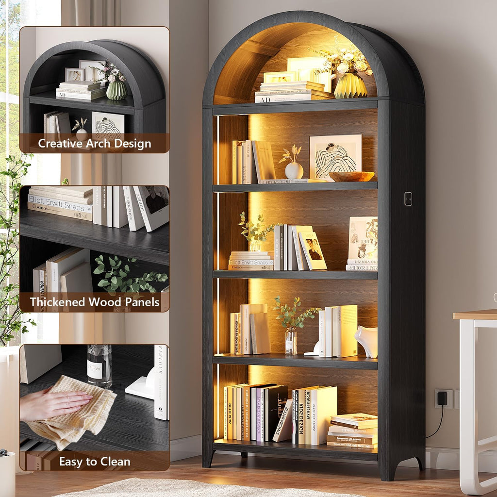 Arched Bookcase - 5 Layers Bookshelf with 3 Colors LED Sensor Lights and Thickened Wooden Design Display Shelf for Lego Books Bathroom Living Room - Ideal Gift (Black)