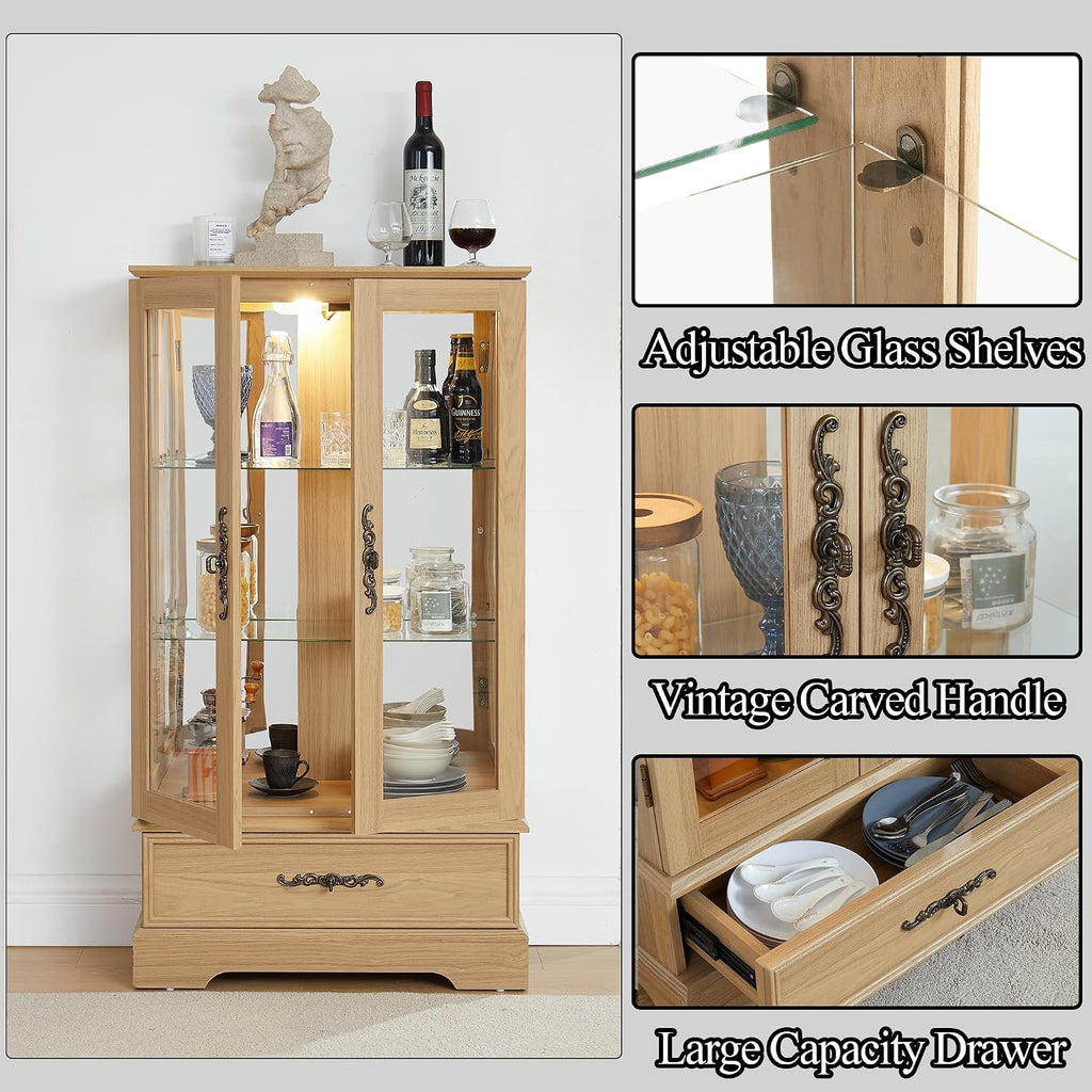 3-Tier Lighted Curio Display Cabinet, 47' H Glass Accent Storage Cabinet with Adjustable Glass Shelves & 1 Drawer, Wooden Wine Display Case with Mirrored Back Panel for Living Room (Oak)