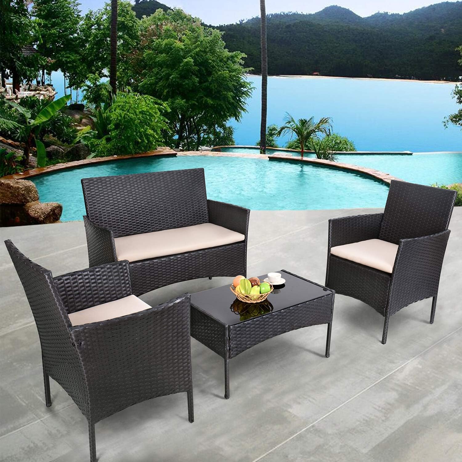 Homall 4 Pieces Outdoor Patio Furniture Sets Rattan Chair Wicker Set,Outdoor Indoor Use Backyard Porch Garden Poolside Balcony Furniture (Black and Beige)