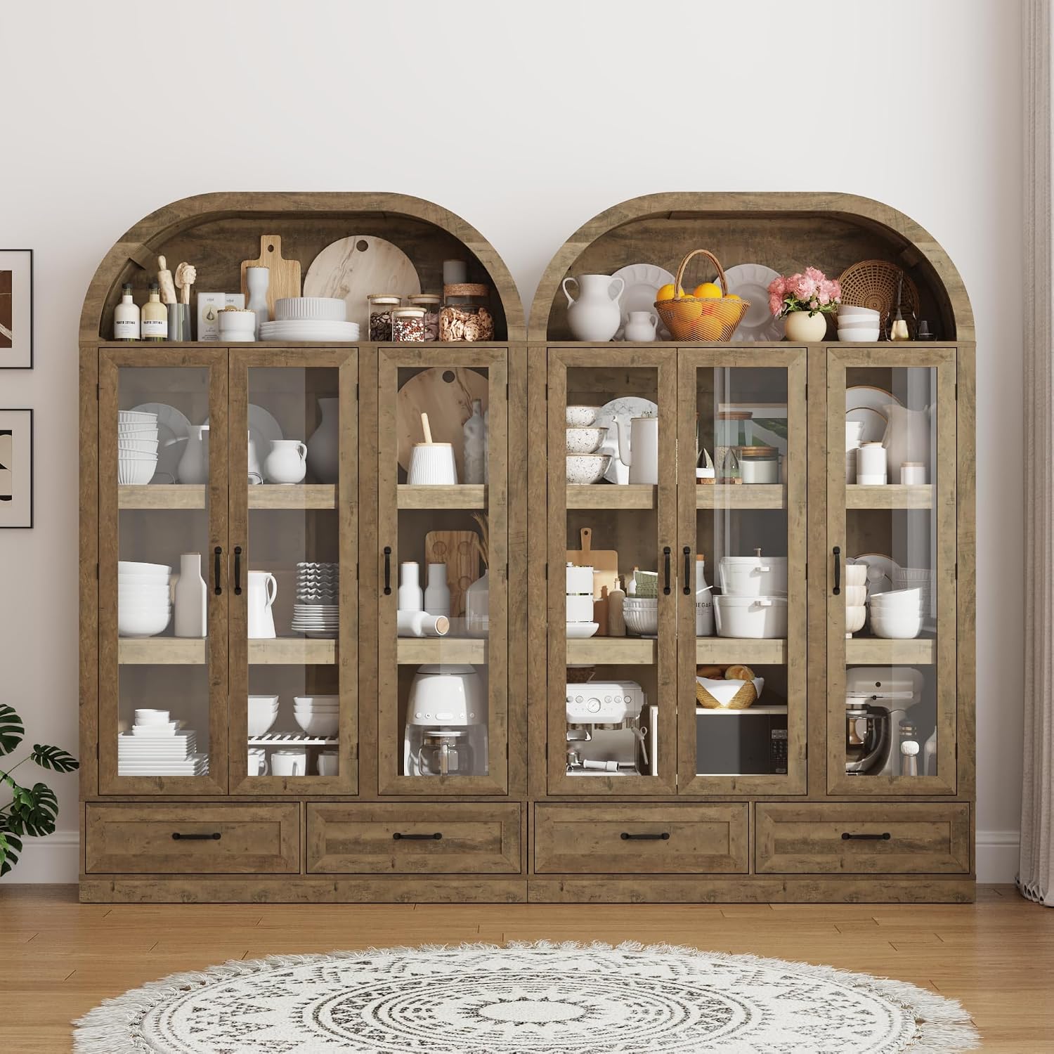 chartustriable 73' Tall Arched Kitchen Pantry Cabinet w Load-Bearing Steel Pipe,Modern Farmhouse Kitchens Storage Cabinet with Drawer and Glass Doors,Tall Arched Bookcase,Pantry Organizer(Natural)