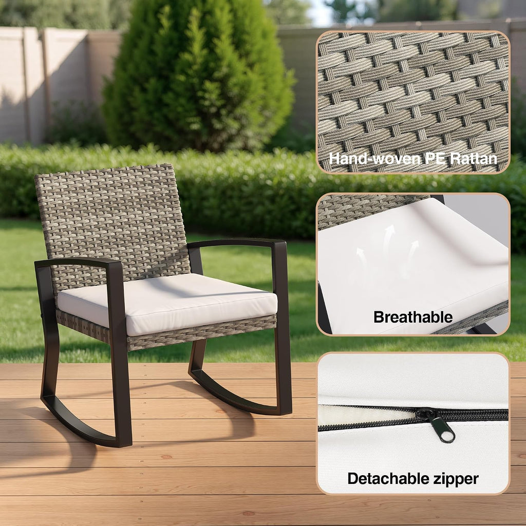 Qsun 3 Pieces Outdoor Patio Furniture Set Rocking Bistro Set, Outdoor Patio Furniture Set with Coffee Table for Garden Balcony Backyard Poolside (Light Grey Cushion)