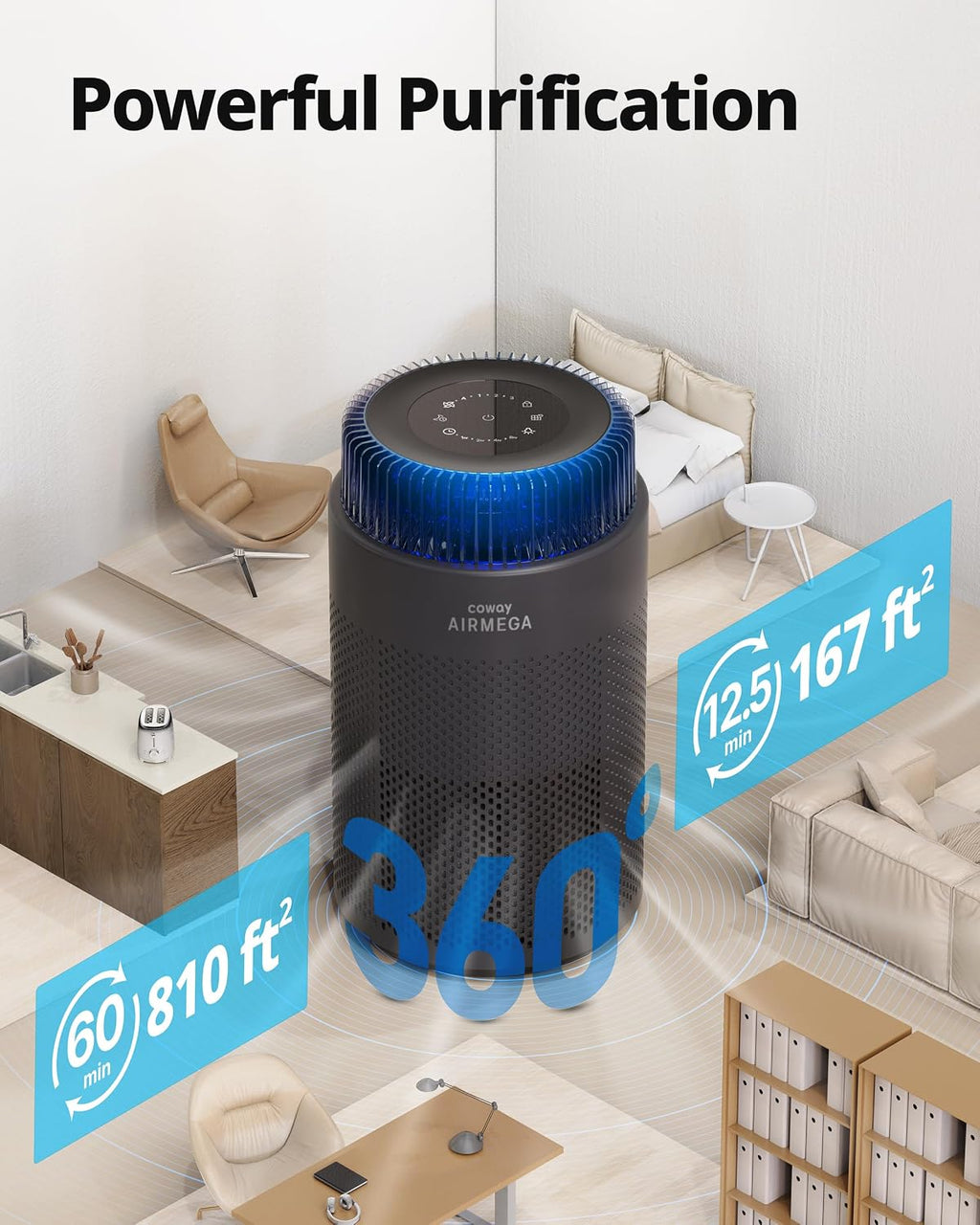 COWAY Air Purifiers for Bedroom Home up to 810 ft², HEPA Filter for Smoke, Allergies, Pet Dander, Odor, AQI Monitor, Auto&Sleep Mode, Timer, Filter Indicator, Night Light, 2yr Warranty, 100 Black