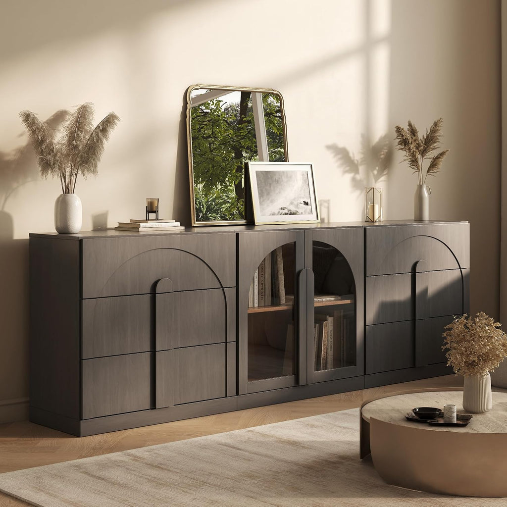 BELLEZE 3-Piece Sideboard Cabinet Set Freely Configurable, Modern Wood Modular Cabinet Contain 2 3-Drawer Storage and Display Glass Door, Accen Storage Console for Dining Room Living Room, Ebony