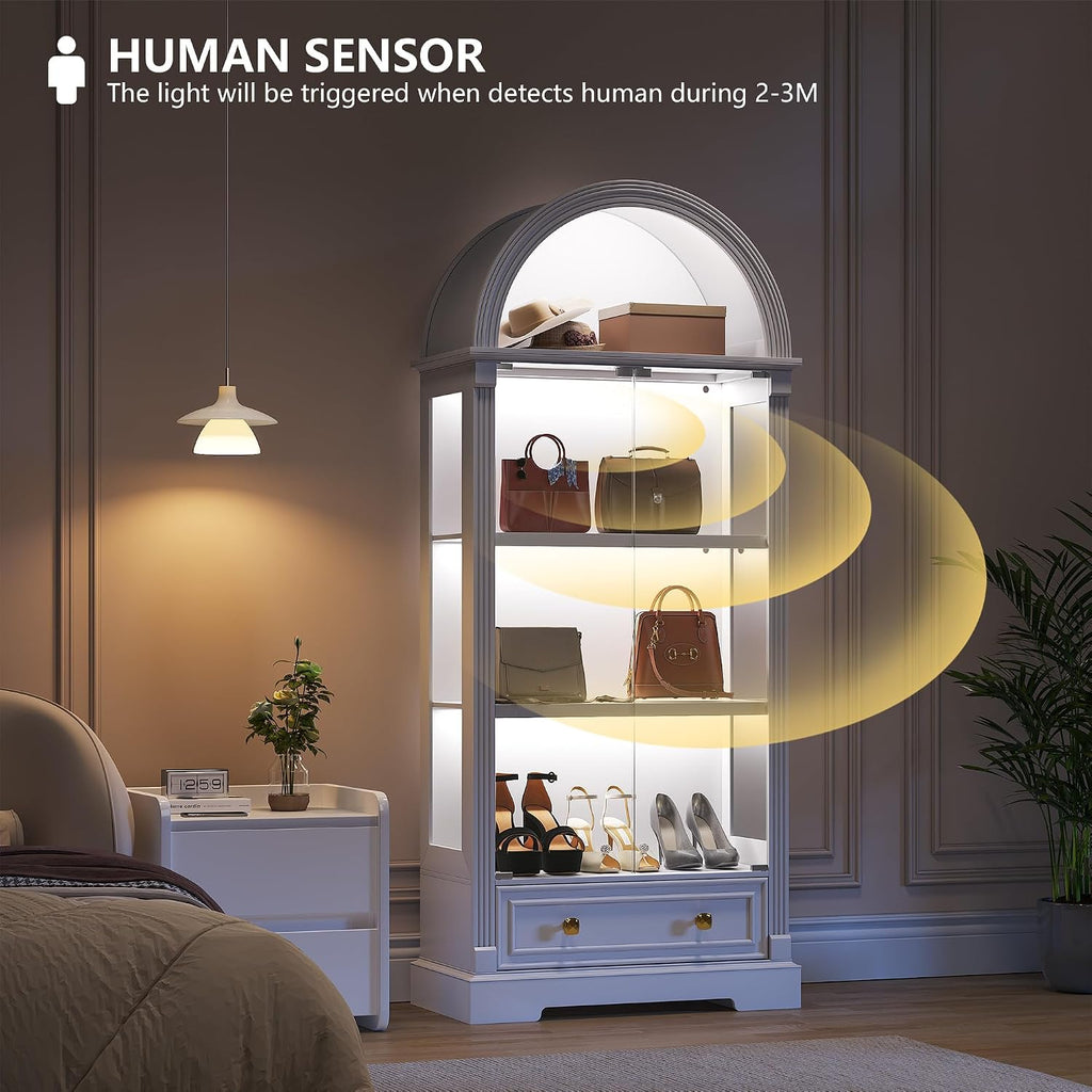 Arched Display Cabinet with Glass Doors, 72' Tall Curio Cabinet with Human Sensor Lights, 4-Tier Display Case for Collectibles Bookcase Living Room