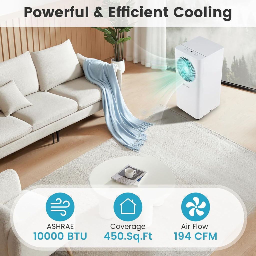 COSTWAY 10000 BTU Portable Air Conditioner, with Fan & Dehumidifier, 24H Timer, Sleep Mode, Remote Control, Drain Hose & Window Installation Kit, Cools up to 450 Sq. Ft (10000 BTU)