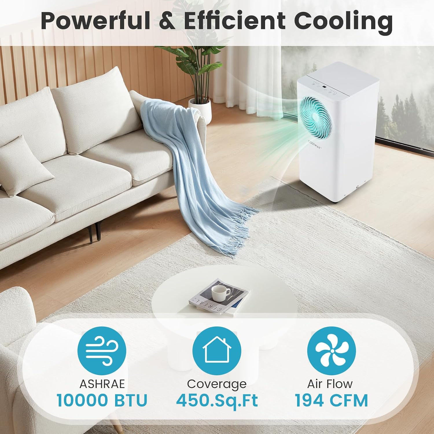 COSTWAY 10000 BTU Portable Air Conditioner, with Fan & Dehumidifier, 24H Timer, Sleep Mode, Remote Control, Drain Hose & Window Installation Kit, Cools up to 450 Sq. Ft (10000 BTU)