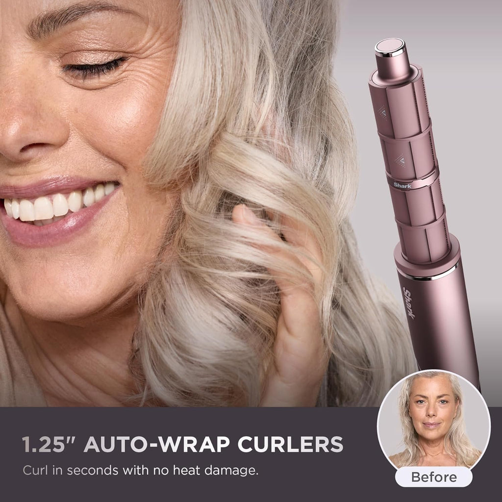 Shark FlexFusion Hair Straightener & Powerful Hair Dryer with Fusion Hair Brush, Ceramic Air Styler with Auto-Wrap Curlers & Concentrator, Ceramic Plates, Cosmic Blush HD641S