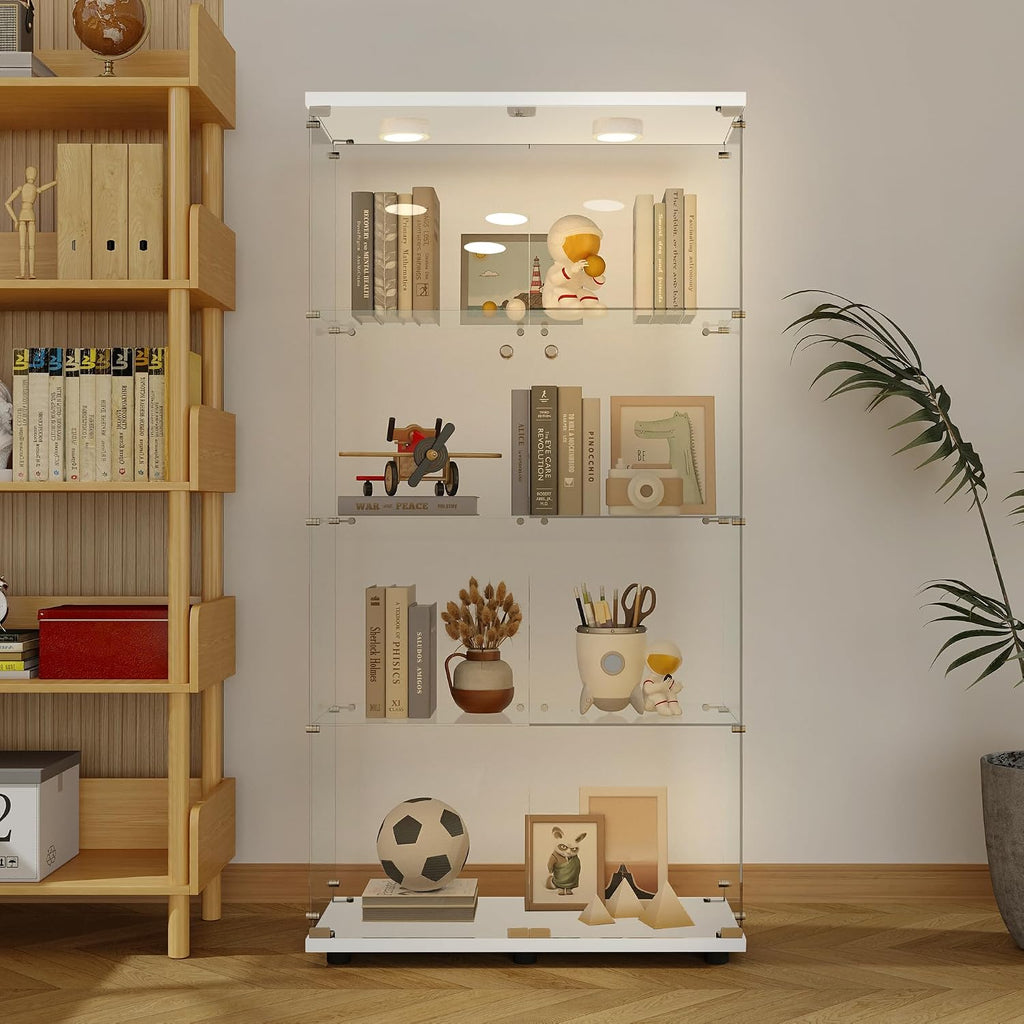 4-Tier Double Doors Glass Display Cabinet with Lights and Lock, 64.7' High Elegant Curio Display Cabinet Sturdy Tempered Glass Collection Display Showcase with 4 Shelves for Living Room,Bedroom,White