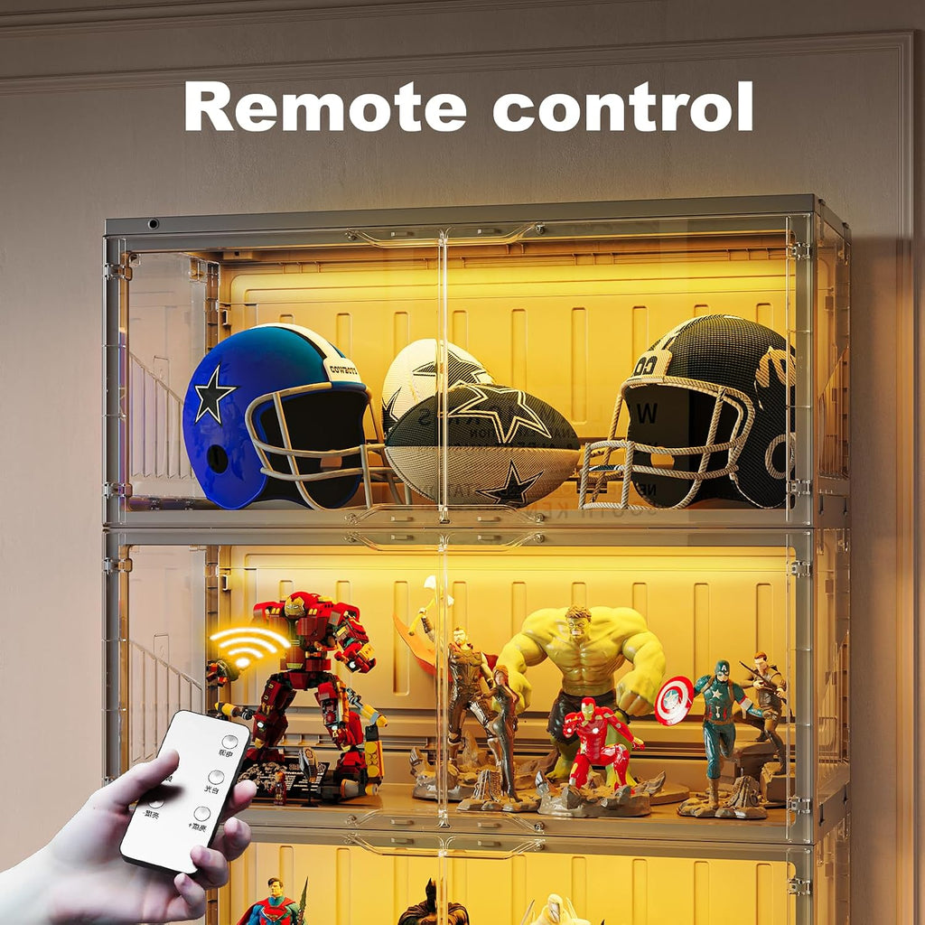 MAGINELS Foldable Display Cabinet, with 2 Color Lights & Infrared Sensing for Collectibles, Curio Cabinet Glass Display Case with Remote Control, Storage Cabinet,Black