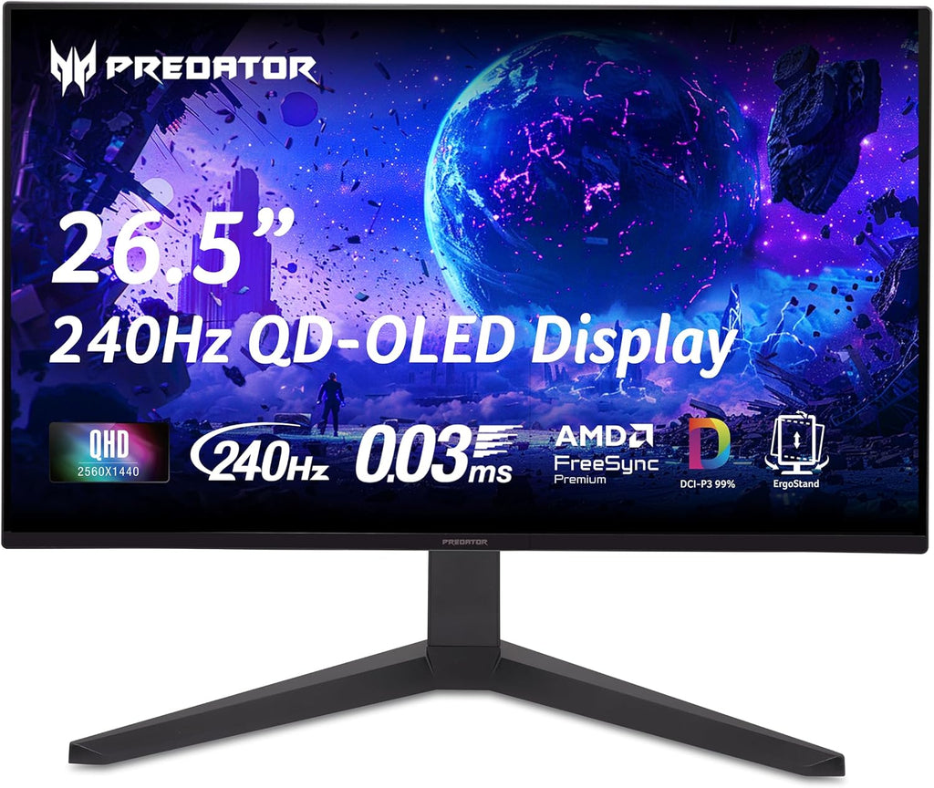 Acer Predator Gaming Monitor | 26.5' WQHD 2560x1440 QD-OLED | AMD FreeSync Premium | 240Hz | 0.03ms | Tilt, Height Adjustment, Pivot & Swivel | DCI-P3 99% | 2 x DP 1.4 & 2 x HDMI 2.1 | X27U W1bmiipprx