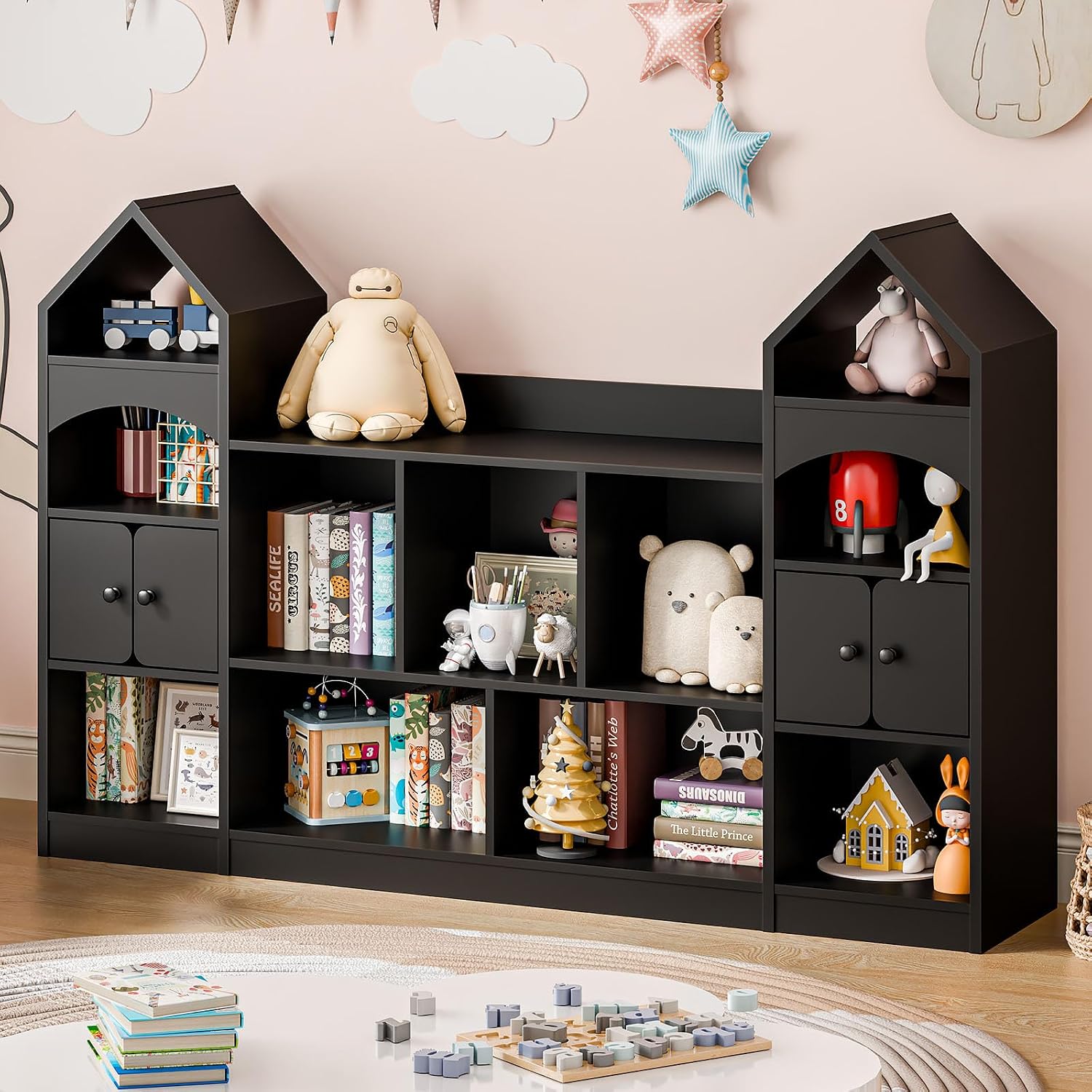 Vabches Castle Shape Children's Bookshelf, Kids Bookcase Display Case Kids Toy Storage Organizer Multifunctional Storage Cabinet Bookshelf Suitable for Playroom, Children's Room, Living Room, Black