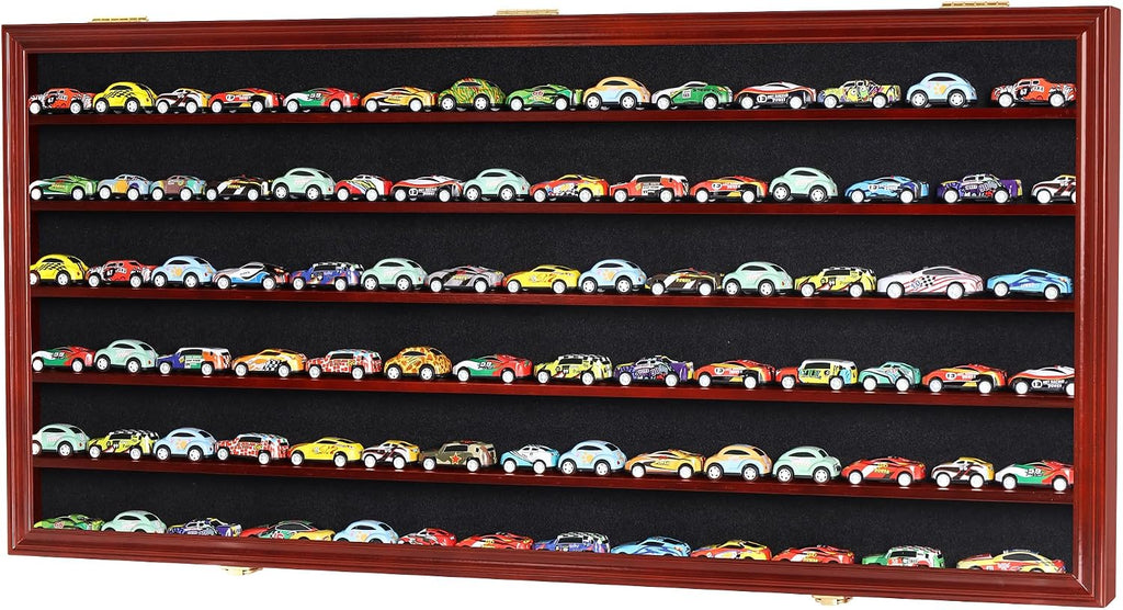 HO Scale Trains Display Case Wall Cabinet Shelves Compatible with Hot Toy Car Wheels 1:64 ad 1:43 Scale or N Scale Trains UV Protection Lockable (Mahogany Finish)