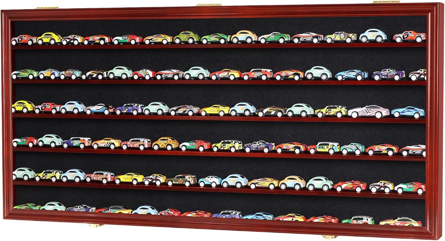HO Scale Trains Display Case Wall Cabinet Shelves Compatible with Hot Toy Car Wheels 1:64 ad 1:43 Scale or N Scale Trains UV Protection Lockable (Mahogany Finish)