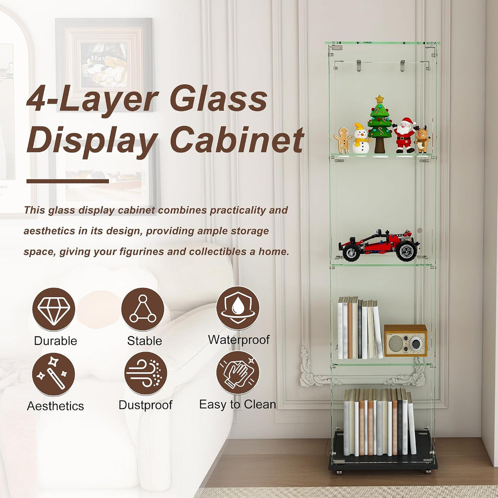 Runboll Glass Display Cabinet 4 Tiers with LED Light, Curio Cabinet with Wheels, Floor Standing Tempered Glass Showcase Display Shelf for Collectibles, Legos, Figures, Plants