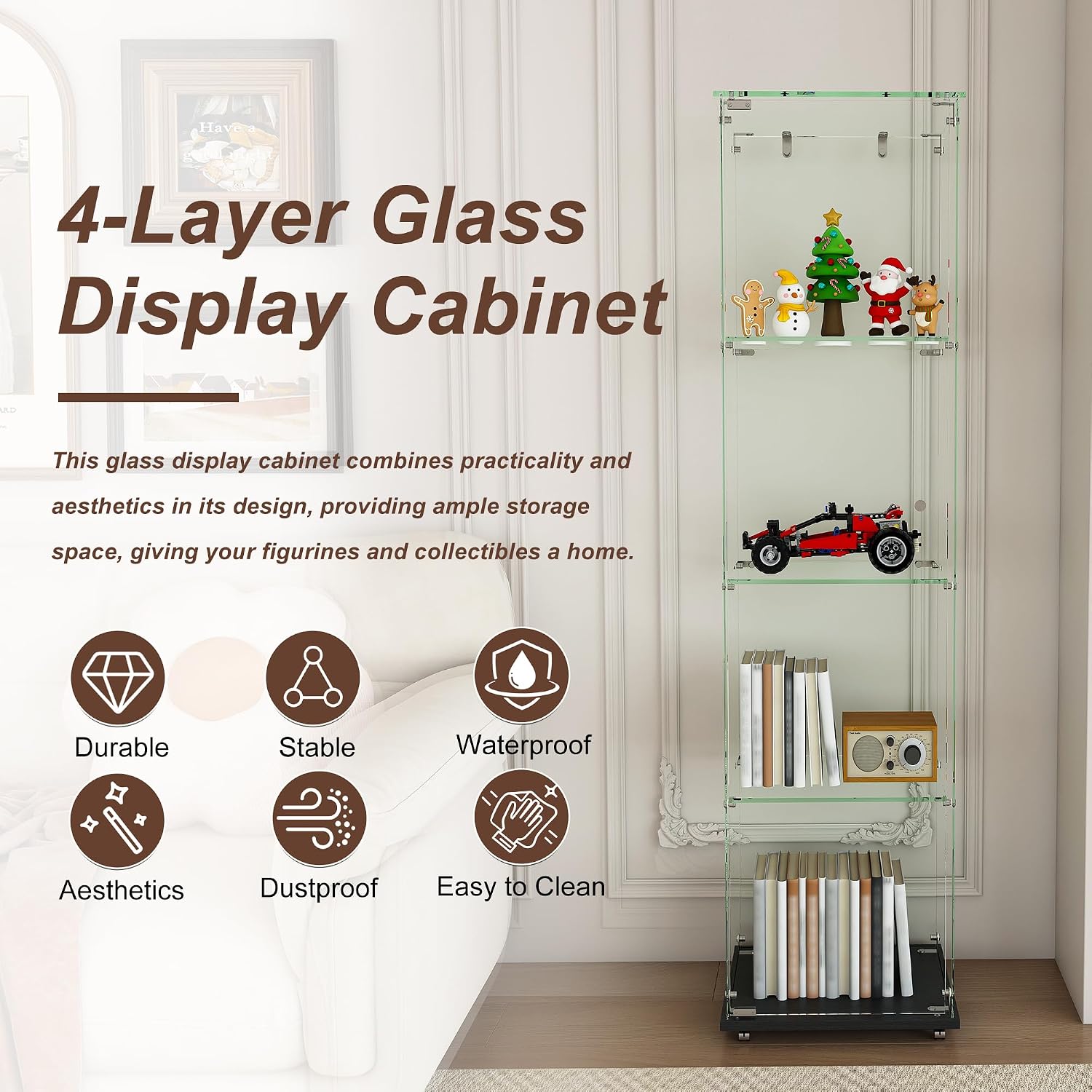 Runboll Glass Display Cabinet 4 Tiers with LED Light, Curio Cabinet with Wheels, Floor Standing Tempered Glass Showcase Display Shelf for Collectibles, Legos, Figures, Plants