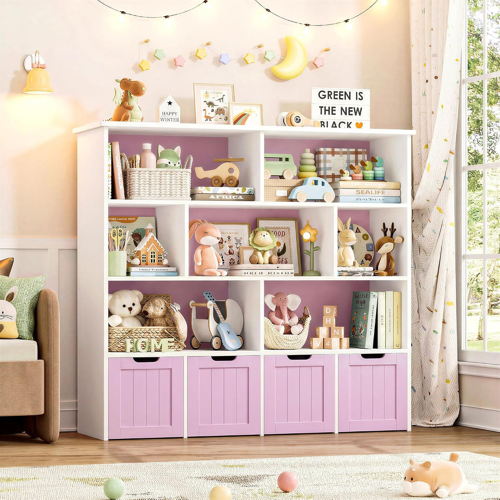 FINETONES Toy Storage Organizer, Kids Bookshelf with 4 Movable Chests and 7 Storage Cubes, Toy Chest Storage with Hidden Wheels, Toy Organizers and Toy Storage, Pink