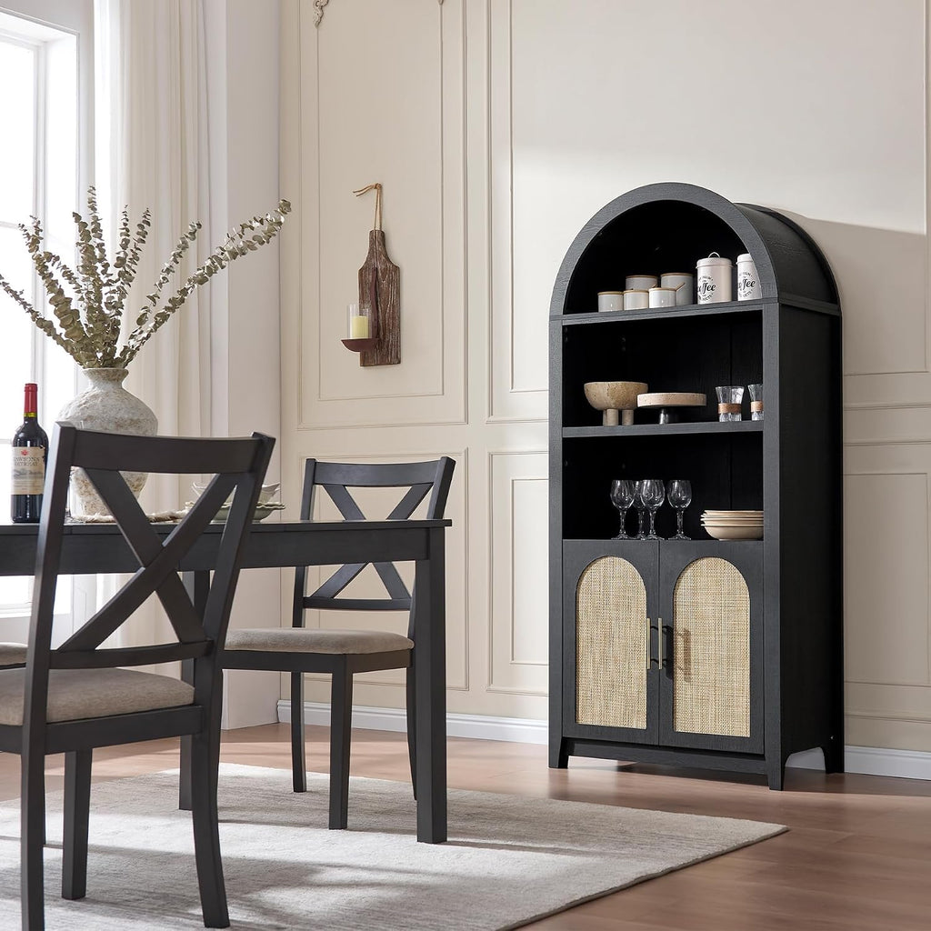 RowyPoey Rattan Arched Cabinet Bookshelf - 69.3' Tall Mid Century Display Cabinet, Rounded Bookcase with Rattan Doors, Open Shelf Storage for Dining Room (Black, 2 PCS)