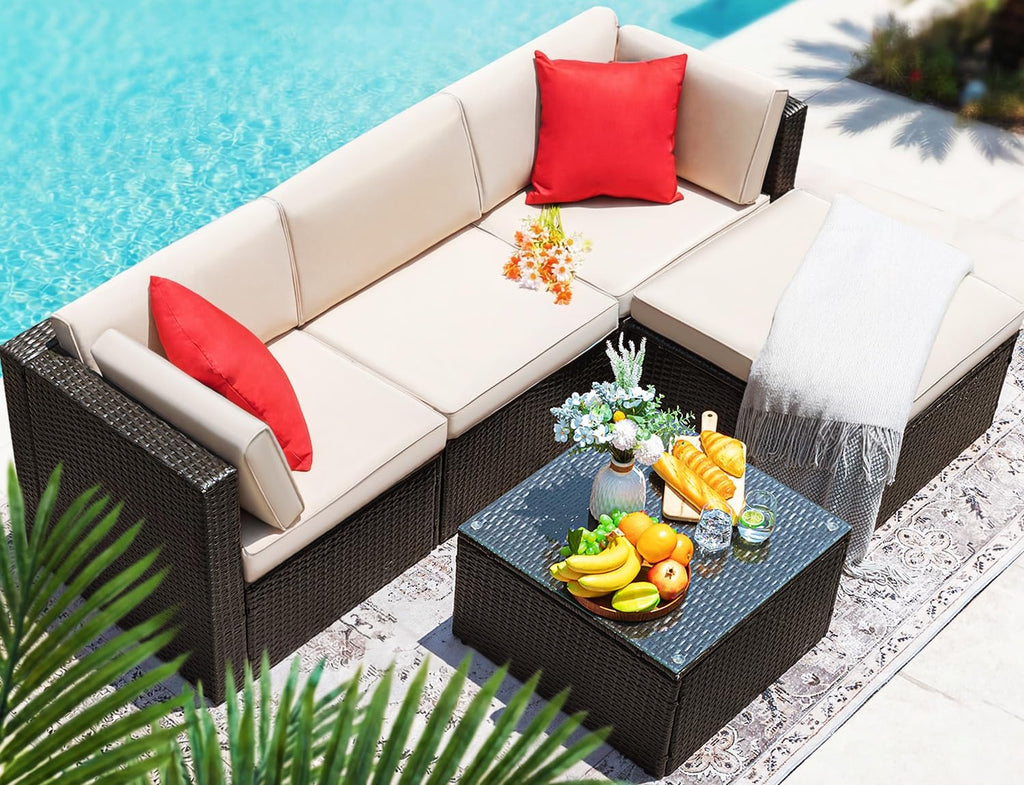 Devoko 5 Pieces Patio Furniture Sets All Weather Outdoor Sectional Patio Sofa Manual Weaving Wicker Rattan Patio Seating Sofas with Cushion and Glass Table (Beige)