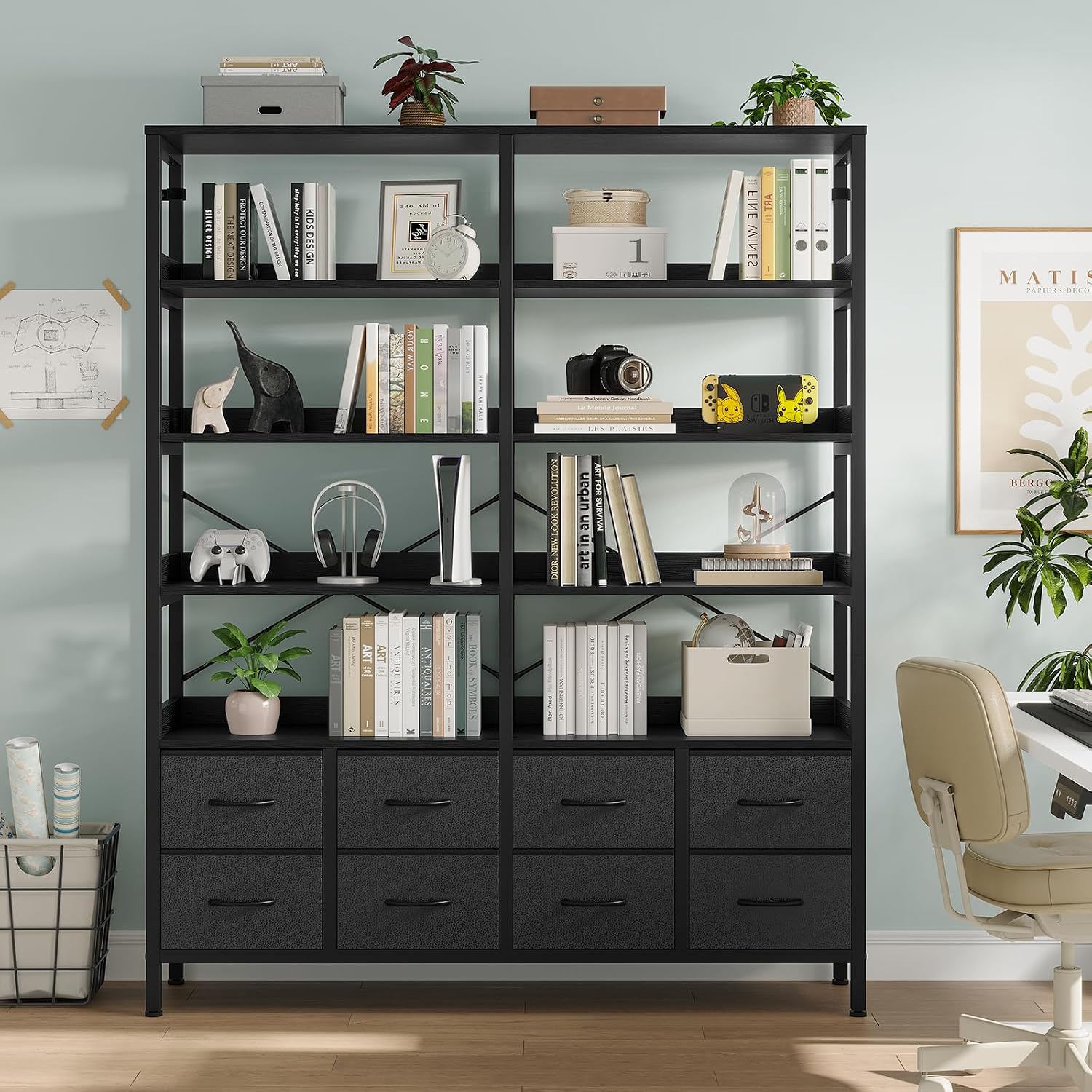 HAUOMS Bookshelf with 8 Fabric Drawers, 7-Tier Bookcase with Baffles Display Shelves, Industrial Large Book Shelf for Living Room Home Office, Black