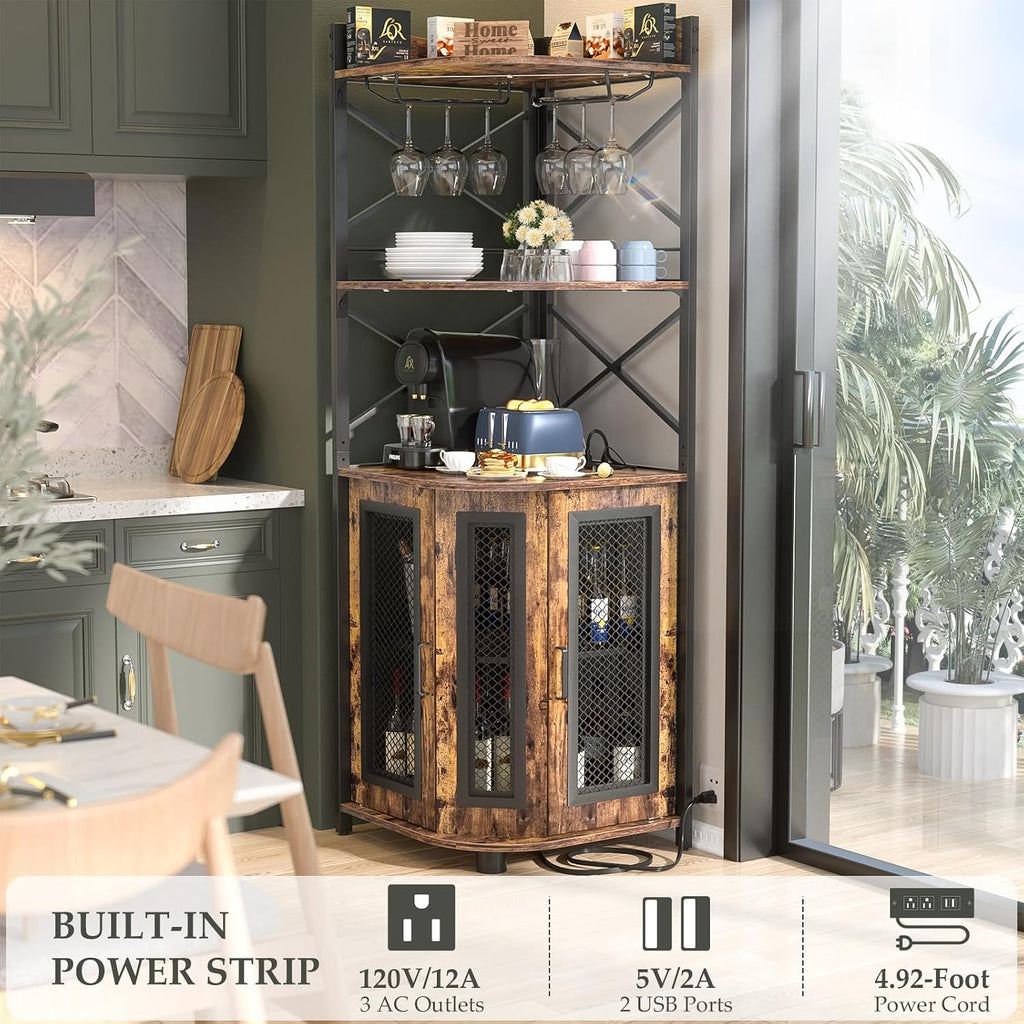 Aheaplus Corner Bar Cabinet with Power Outlet, Industrial Wine Cabinet with LED Strip and Glass Holder, 5-Tiers Liquor Cabinet Bar Unit for Home, Corner Display Cabinet for Small Space, Rustic Brown