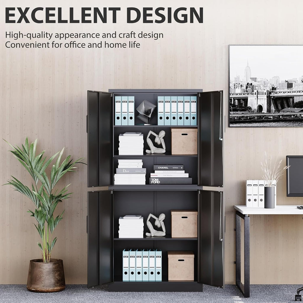 Metal Storage Cabinet with 3 Adjustable Shelves and 4 Doors,71' Garage Storage Cabinet with Lock,Black Metal Cabinets with Locking Doors,Steel Tool Cabinets,Lockable Cupboard for Home,Office,Garage