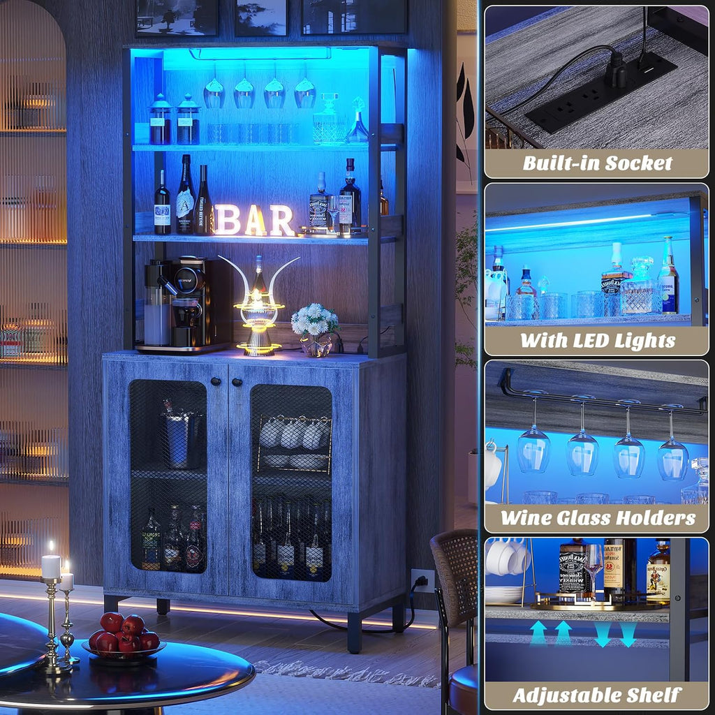 Aheaplus Bar Cabinet with Power Outlets, 67' Tall Wine Bar Cabinet Liquor Cabinet with LED Lights and Glass Holder, Coffee Bar Station for Living Room, Microwave Stand Bakers Rack Cabinet, White Oak