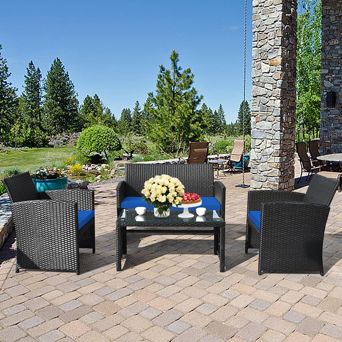 Tangkula 4 Pieces Patio Wicker Conversation Furniture Set, Patiojoy Sofa & Table Set w/4 Seats, Outdoor Rattan Sofa Set for Balcony Backyard, Wicker Chair Set with Tempered Glass Coffee Table