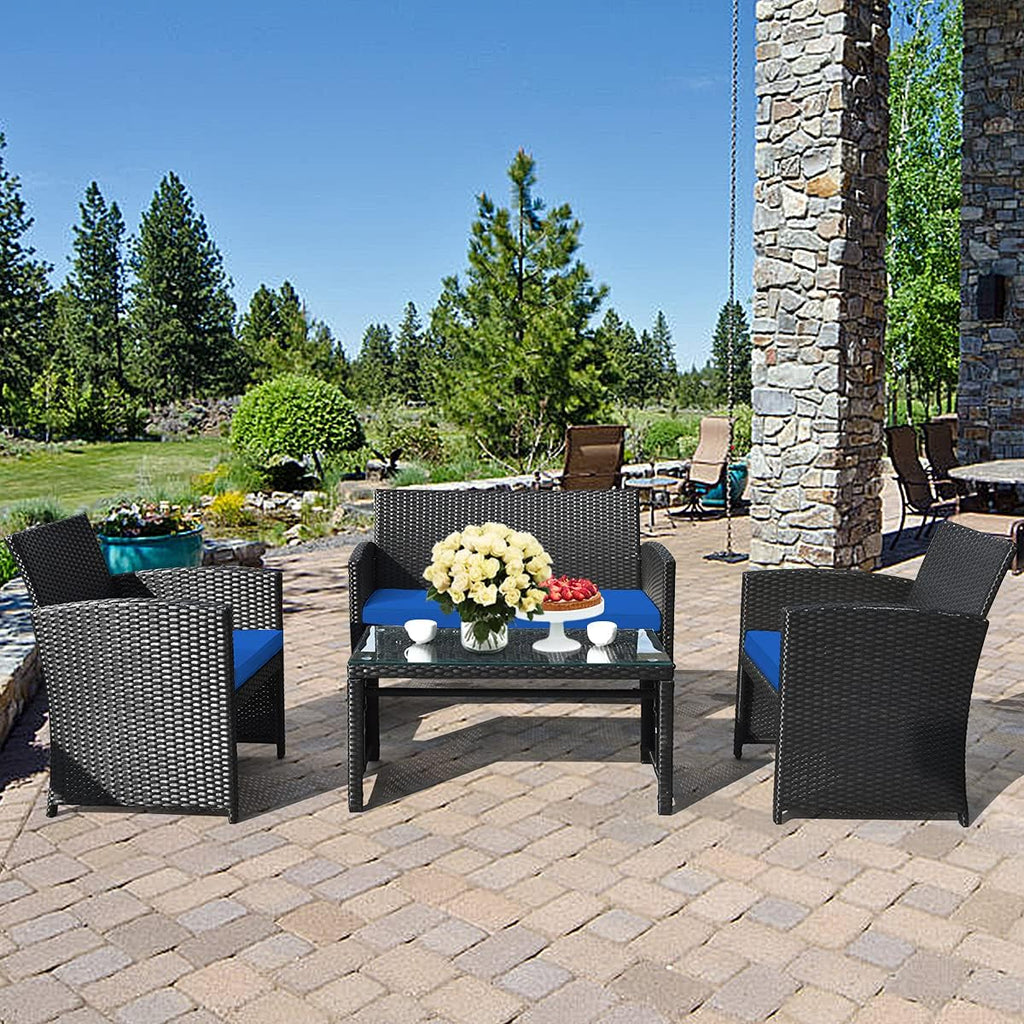 Tangkula 8 Pieces Patio Wicker Conversation Furniture Set, Patiojoy Sofa & Table Set w/4 Seats, Outdoor Rattan Sofa Set for Balcony Backyard, Wicker Chair Set with Tempered Glass Coffee Table