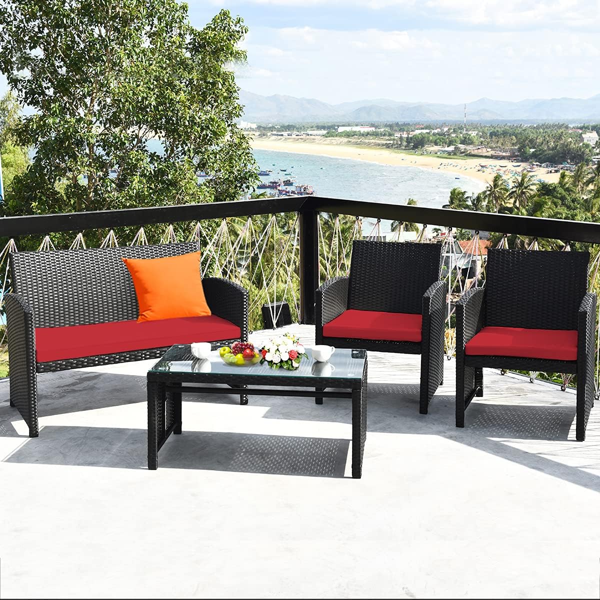 Tangkula Patio Wicker Conversation Furniture Set, Patiojoy Sofa & Table Set w/4 Seats, Outdoor Rattan Sofa Set for Balcony Backyard, Wicker Chair Set with Tempered Glass Coffee Table (1, Red)