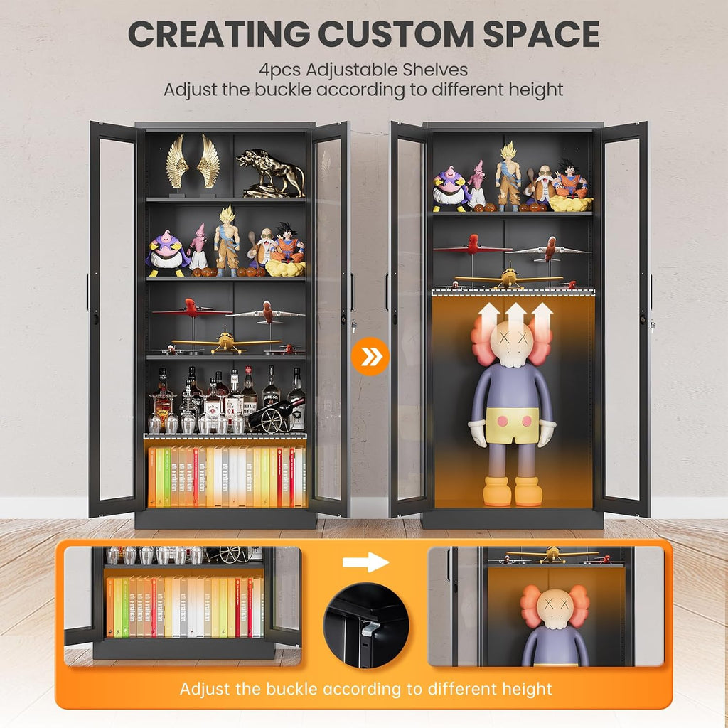 Locking Display Cabinet with Glass Door, 71'H Metal Curio Cabinets with Adjustable Shelves, Black Liquor Caninet Display Case for Living Room, Collectibles, Clinic, Home - Assembly Required