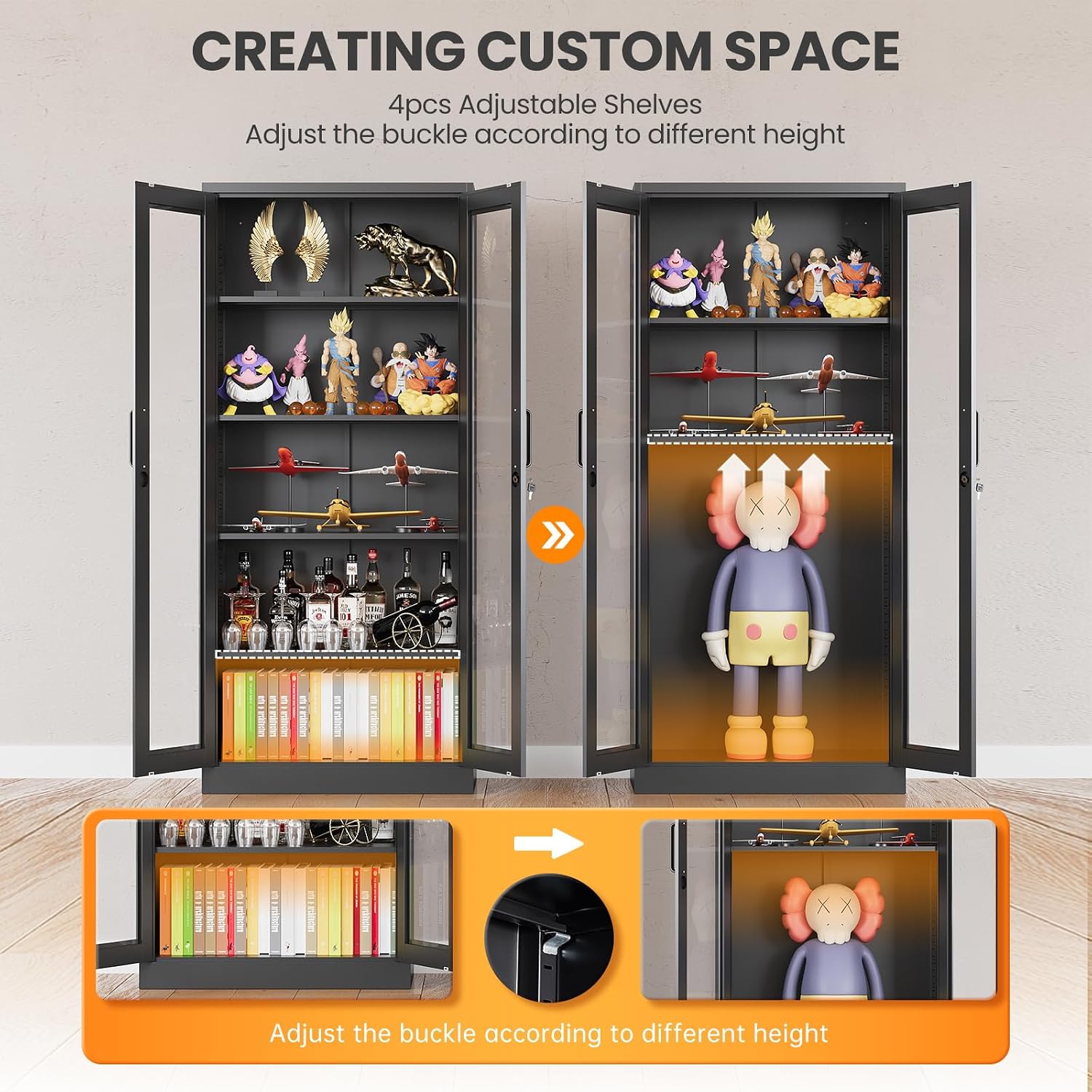 Locking Display Cabinet with Glass Door, 71'H Metal Curio Cabinets with Adjustable Shelves, Black Liquor Caninet Display Case for Living Room, Collectibles, Clinic, Home - Assembly Required