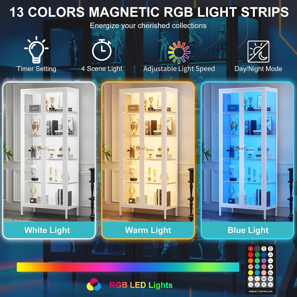 5 Tier Glass Display Cabinet with 13 Color LED Lights, 67' Lighted Curio Cabinet with Glass Doors & Adjustable Shelves, Tall Metal Display Case for Collectibles Figures- White