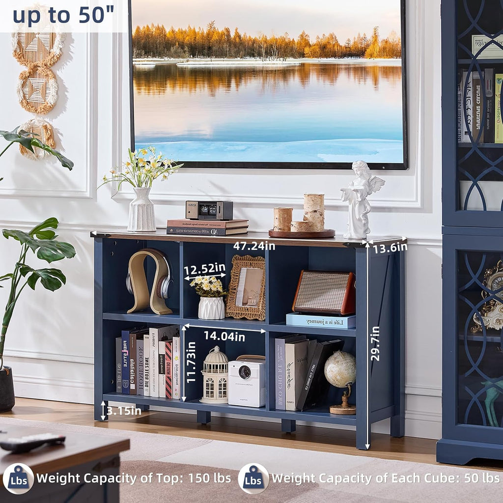 Joaxswe 6 Cube Bookcase, Farmhouse Wood Low Storage Organizer Book Shelf, 47' Horizontal Navy Blue Console Bookshelf with Legs, Hallway Book Case for Entryway, Display Cabinet for Living Room, Office