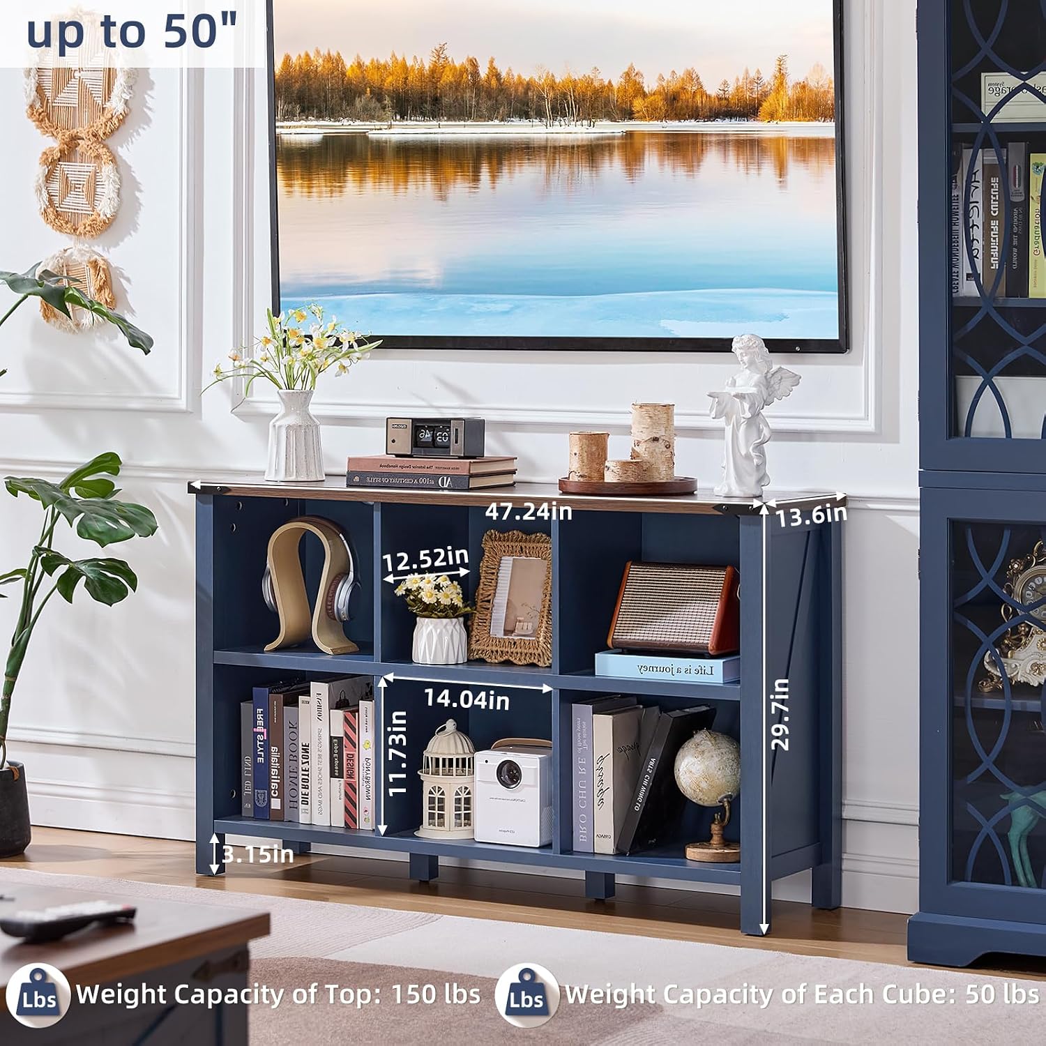 Joaxswe 6 Cube Bookcase, Farmhouse Wood Low Storage Organizer Book Shelf, 47' Horizontal Navy Blue Console Bookshelf with Legs, Hallway Book Case for Entryway, Display Cabinet for Living Room, Office