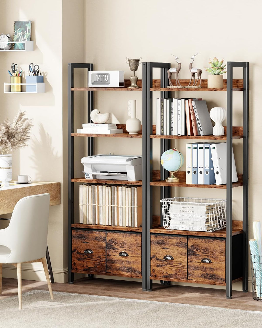 Furologee 5-Tier Bookshelf Set of 2,Tall Bookcase with 2 Drawers and Shelves, Industrial Display Free Standing Shelf Units, Storage Rack Organizer for Bedroom, Living Room, Home Office, Rustic Brown