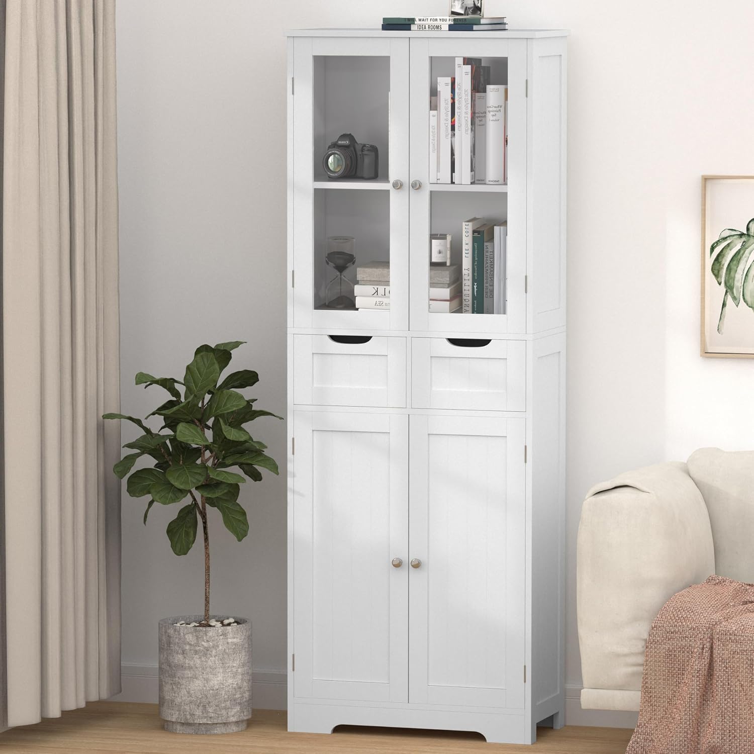 Betterhood 67' Tall Bathroom Storage Cabinet, Freestanding Linen Cabinet with Glass Doors and Shelves, Large Bathroom Pantry Cabinet with 2 Drawers for Living Room, Kitchen, Dining Room, Office, White