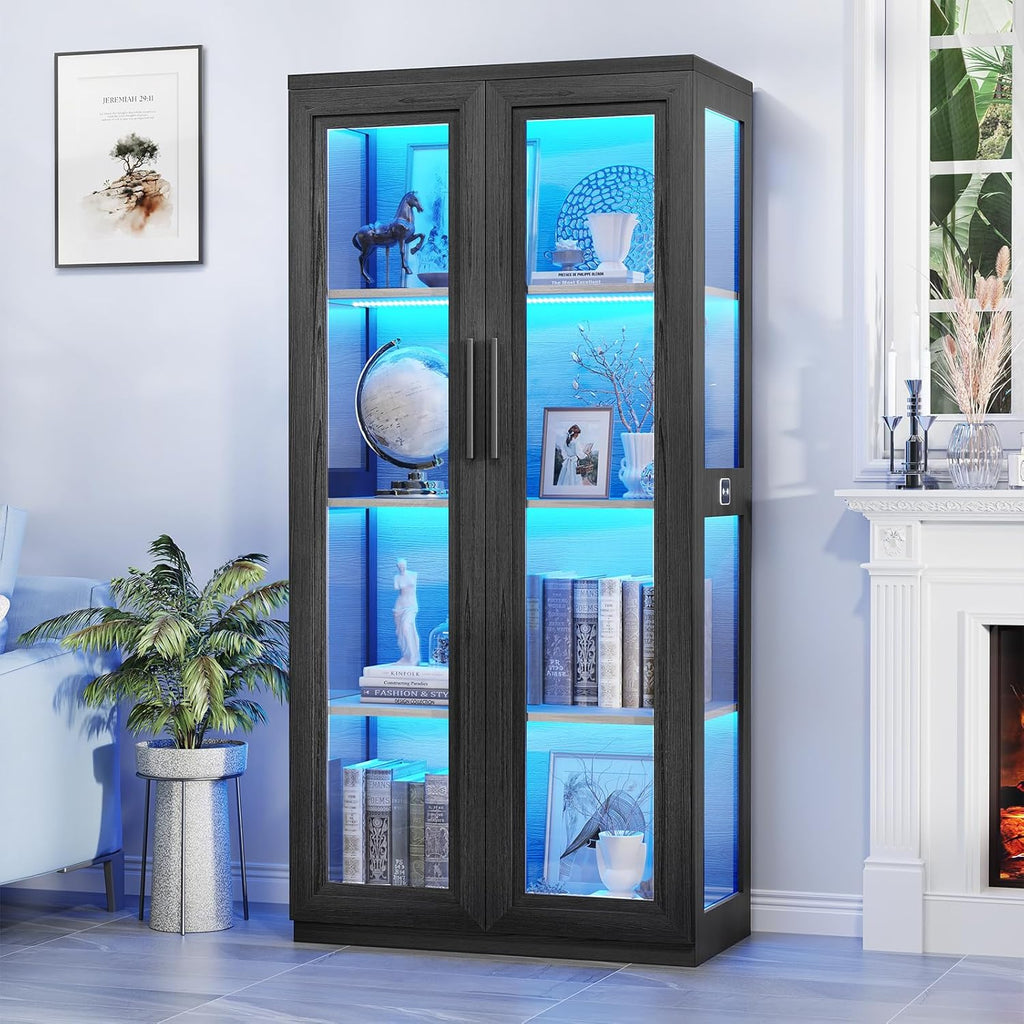 BROTTAR Curio Cabinet with Glass Doors, Bookcase with 4 Shelves, Display Cabinets for Collectibles, China Cabinet with 3 Color LED Lights and Human Body Sensing, Buffer Hinge, Black