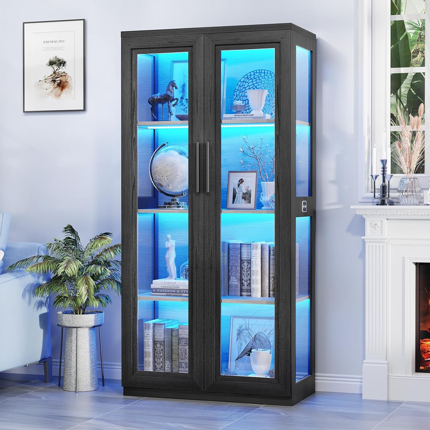 BROTTAR Curio Cabinet with Glass Doors, Bookcase with 4 Shelves, Display Cabinets for Collectibles, China Cabinet with 3 Color LED Lights and Human Body Sensing, Buffer Hinge, Black