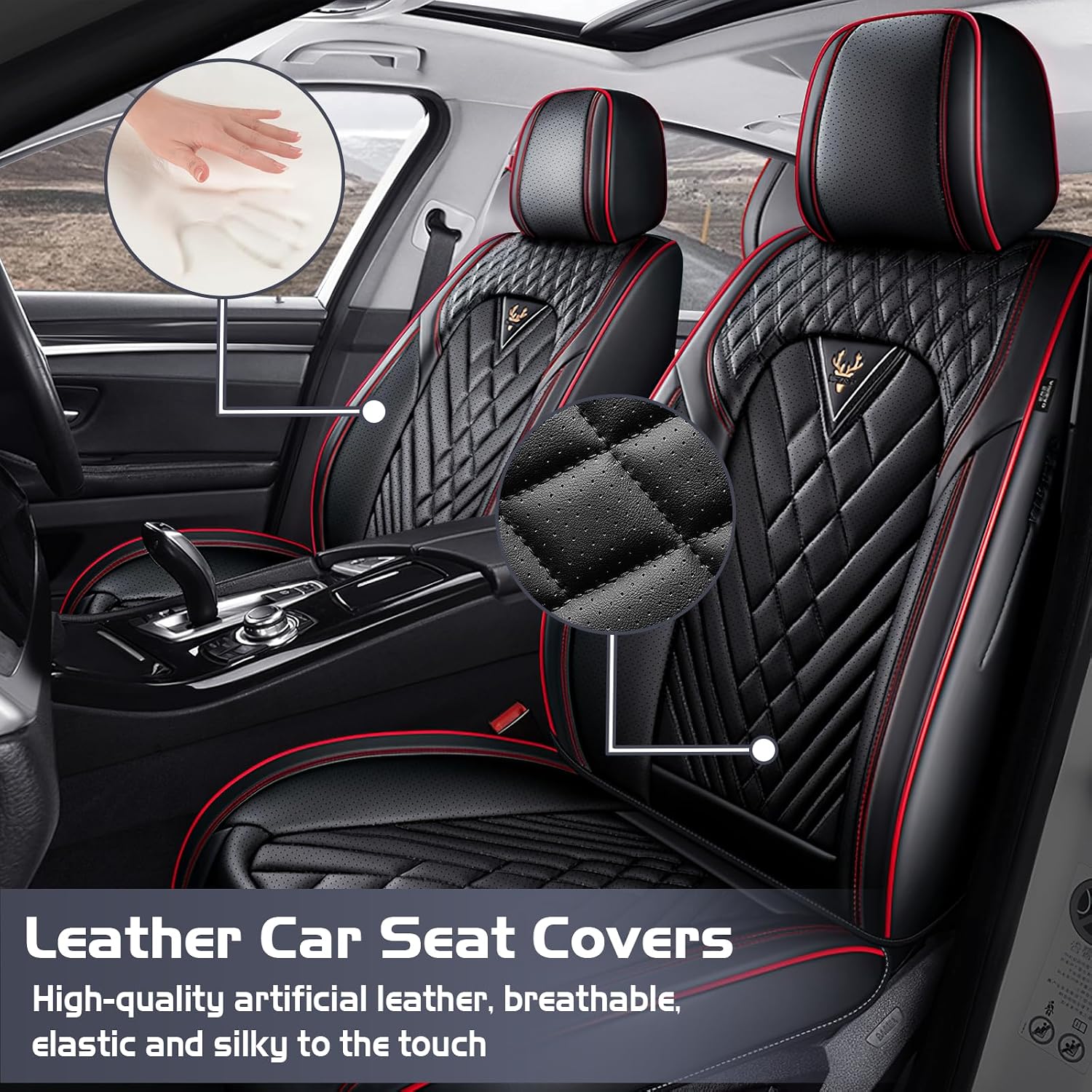Car Seat Covers for Dodge Dart 2013-2016, Waterproof Nappa Leather Front Seat Cover, Anti-Slip and Comfortable Automotive Seat Protector&Accessories(Black Red)