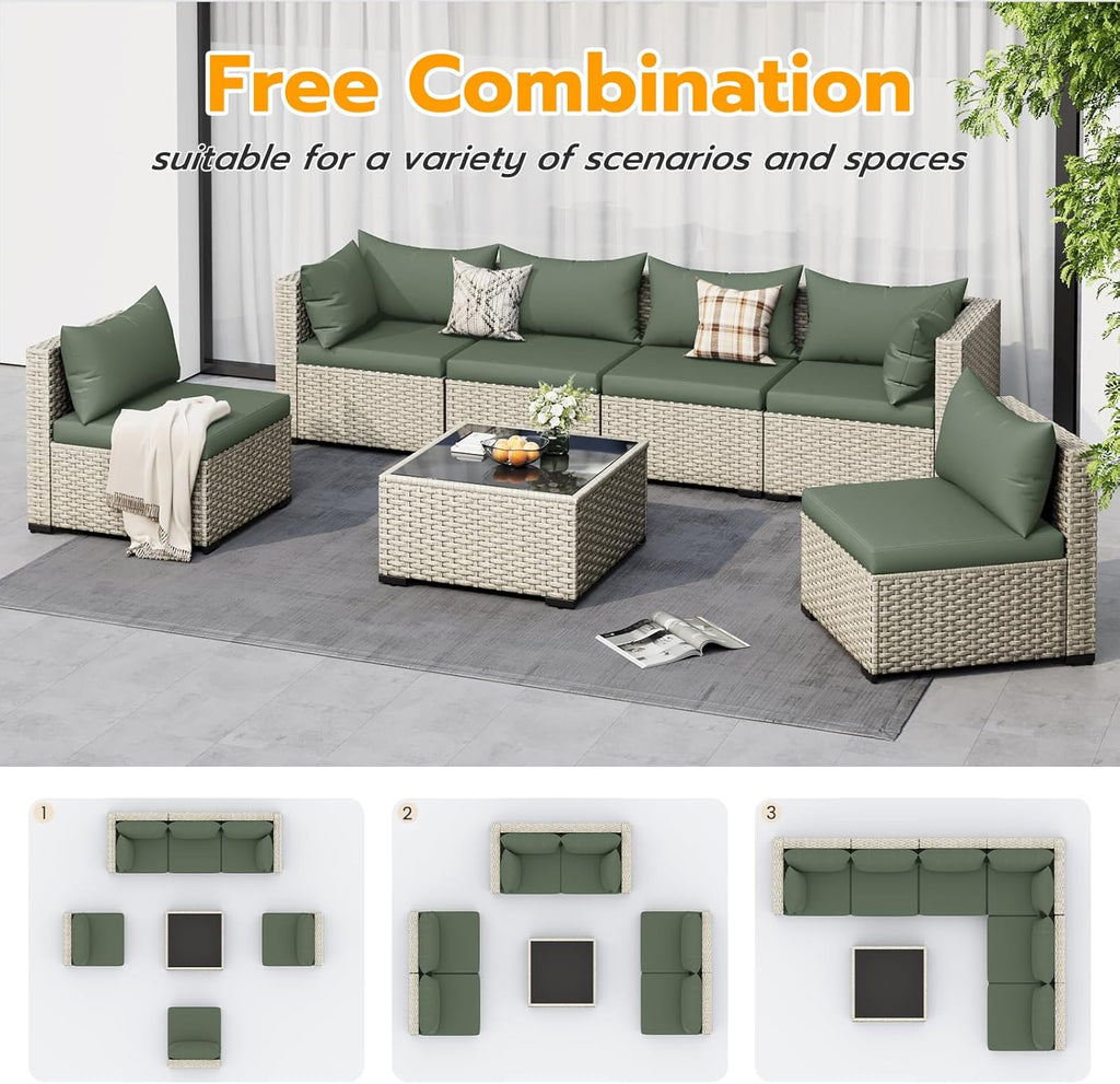 UDPATIO Outdoor Patio Furniture Set, 7-Piece PE Wicker Sectional Sofa with Tea Table, Outdoor Conversation Set for Patio, Garden, Backyard Green