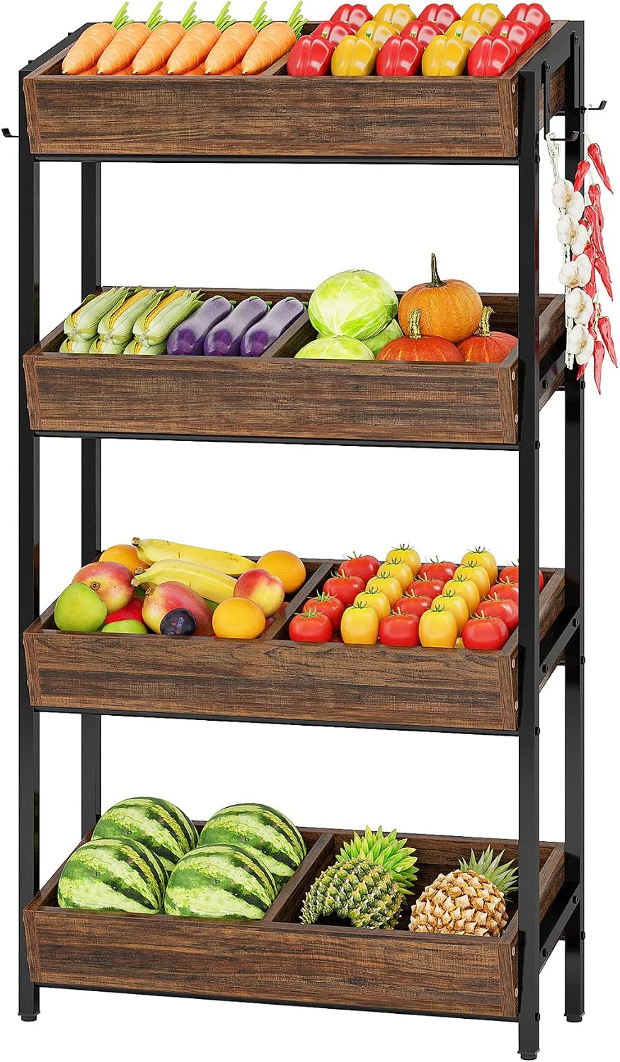 Tribesigns Wood Fruit and Vegetable Basket Stand Rack for Kitchen, Office, Store, Supremarket, Pantry Shelf Unit for Snacks, 4-Tier Wooden Utility Storage Shelves (Brown+Black)